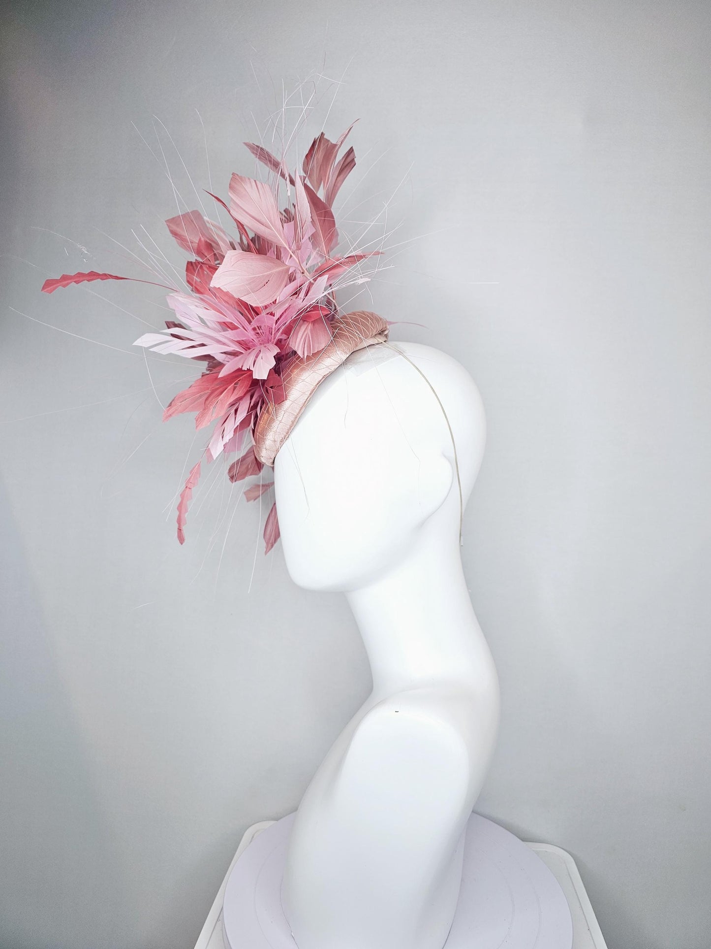 kentucky derby hat fascinator champagne satin with netting with light pink,blush pink,and dust pink branching feathers