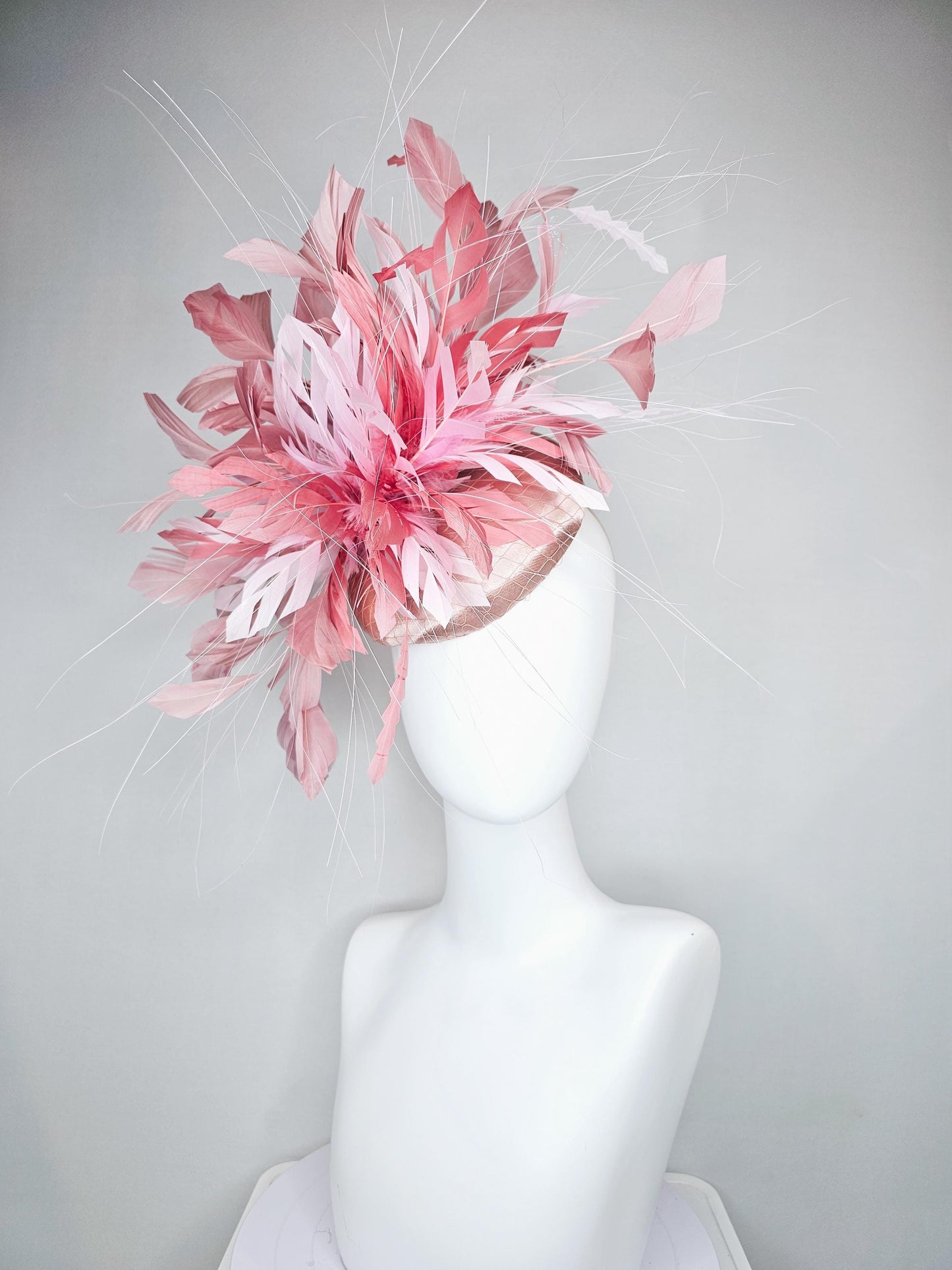 kentucky derby hat fascinator champagne satin with netting with light pink,blush pink,and dust pink branching feathers