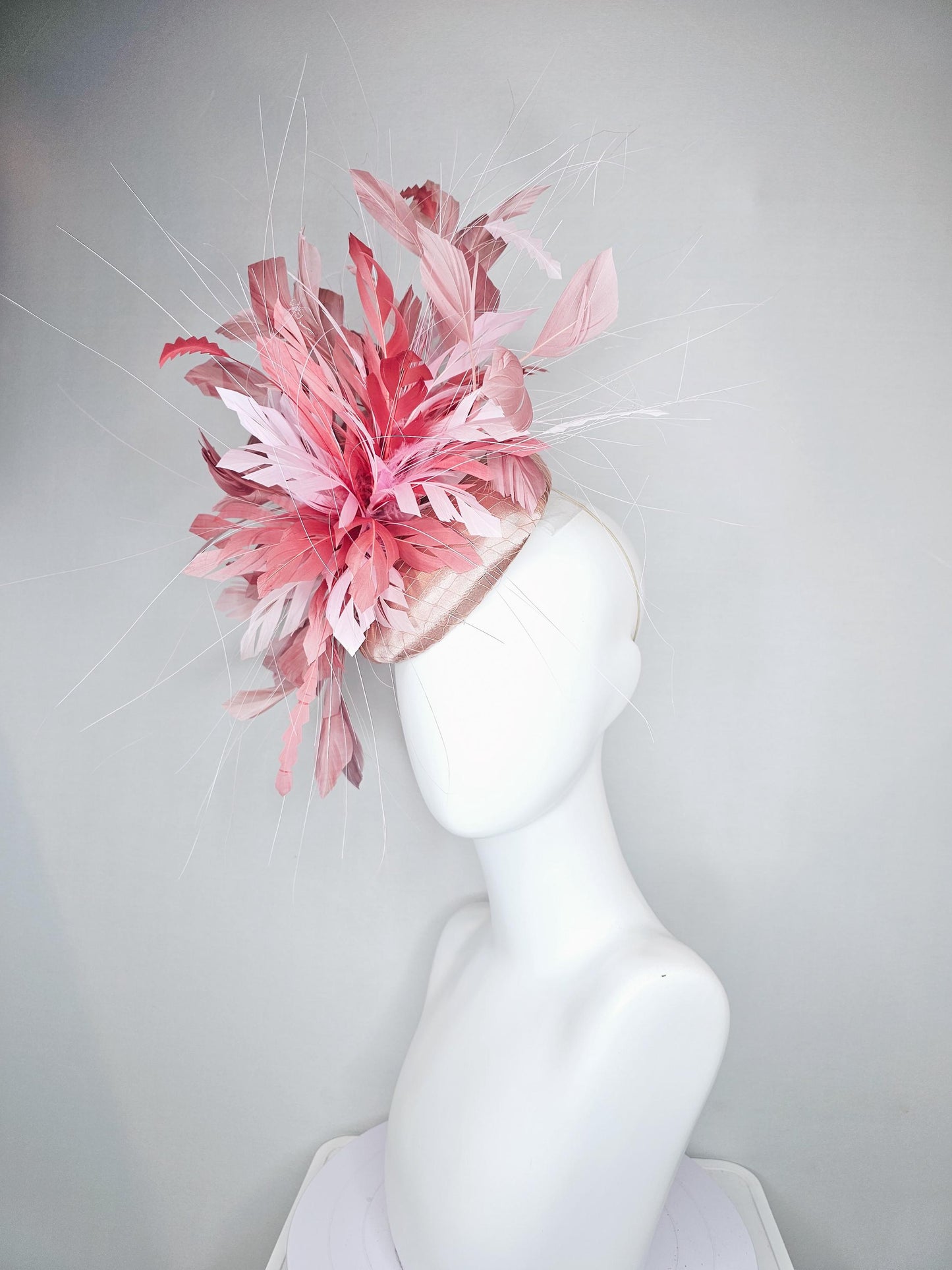 kentucky derby hat fascinator champagne satin with netting with light pink,blush pink,and dust pink branching feathers