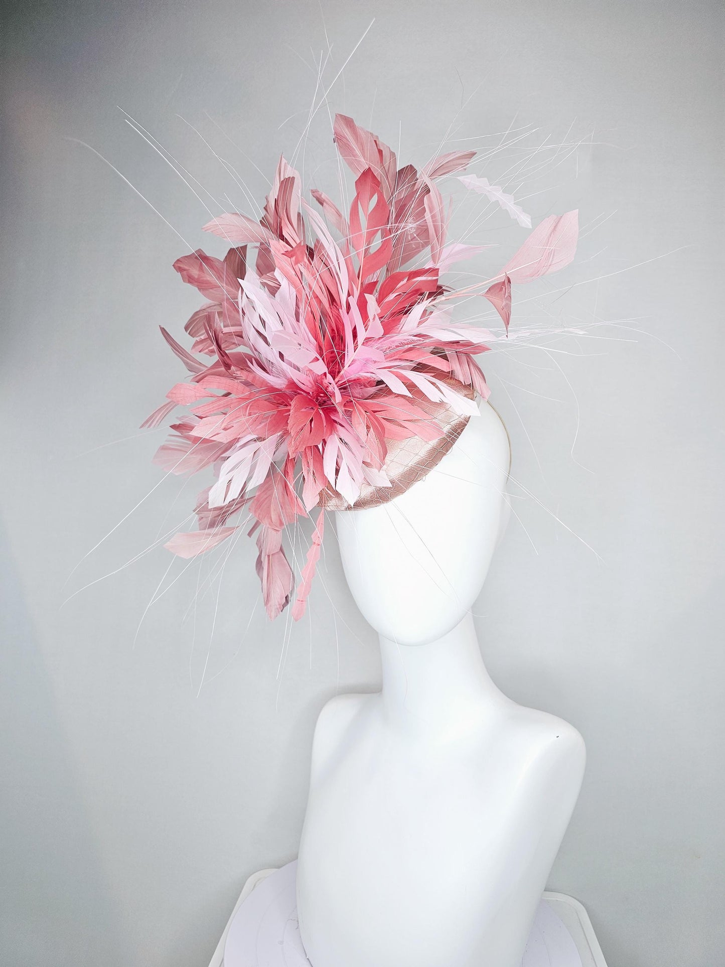 kentucky derby hat fascinator champagne satin with netting with light pink,blush pink,and dust pink branching feathers