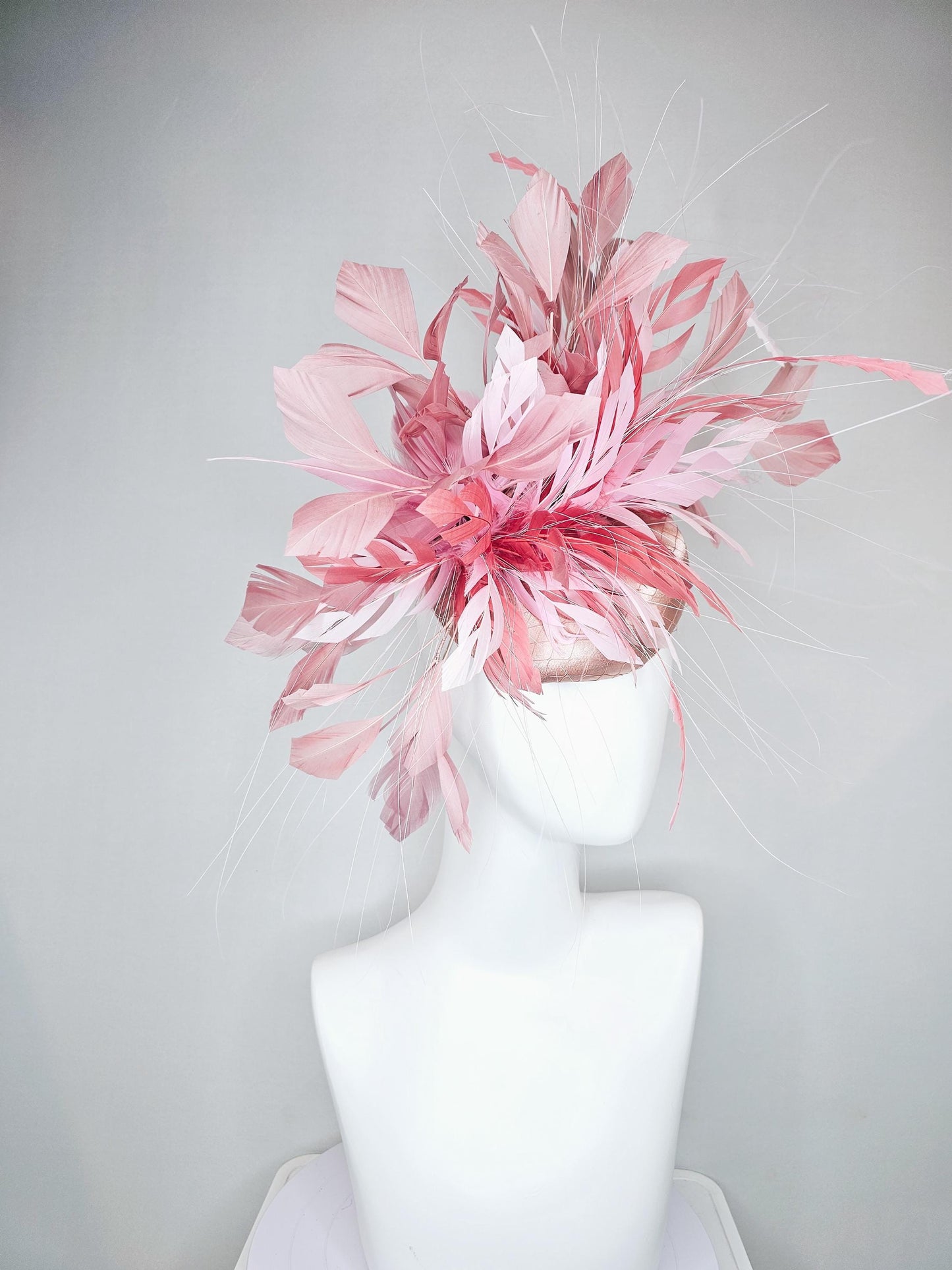 kentucky derby hat fascinator champagne satin with netting with light pink,blush pink,and dust pink branching feathers