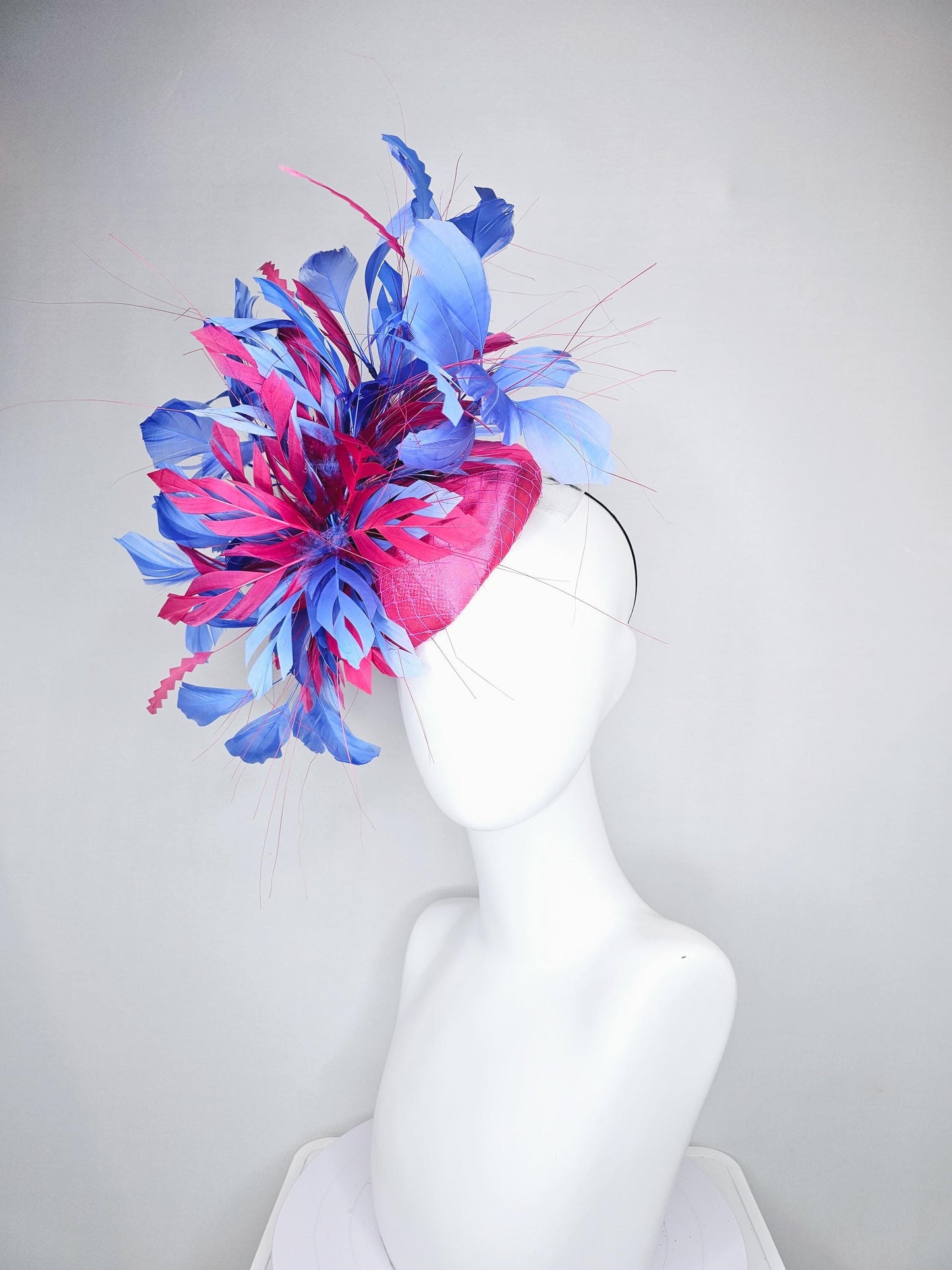 kentucky derby hat fascinator bright pink satin with netting with hot pink and cobalt blue branching feathers