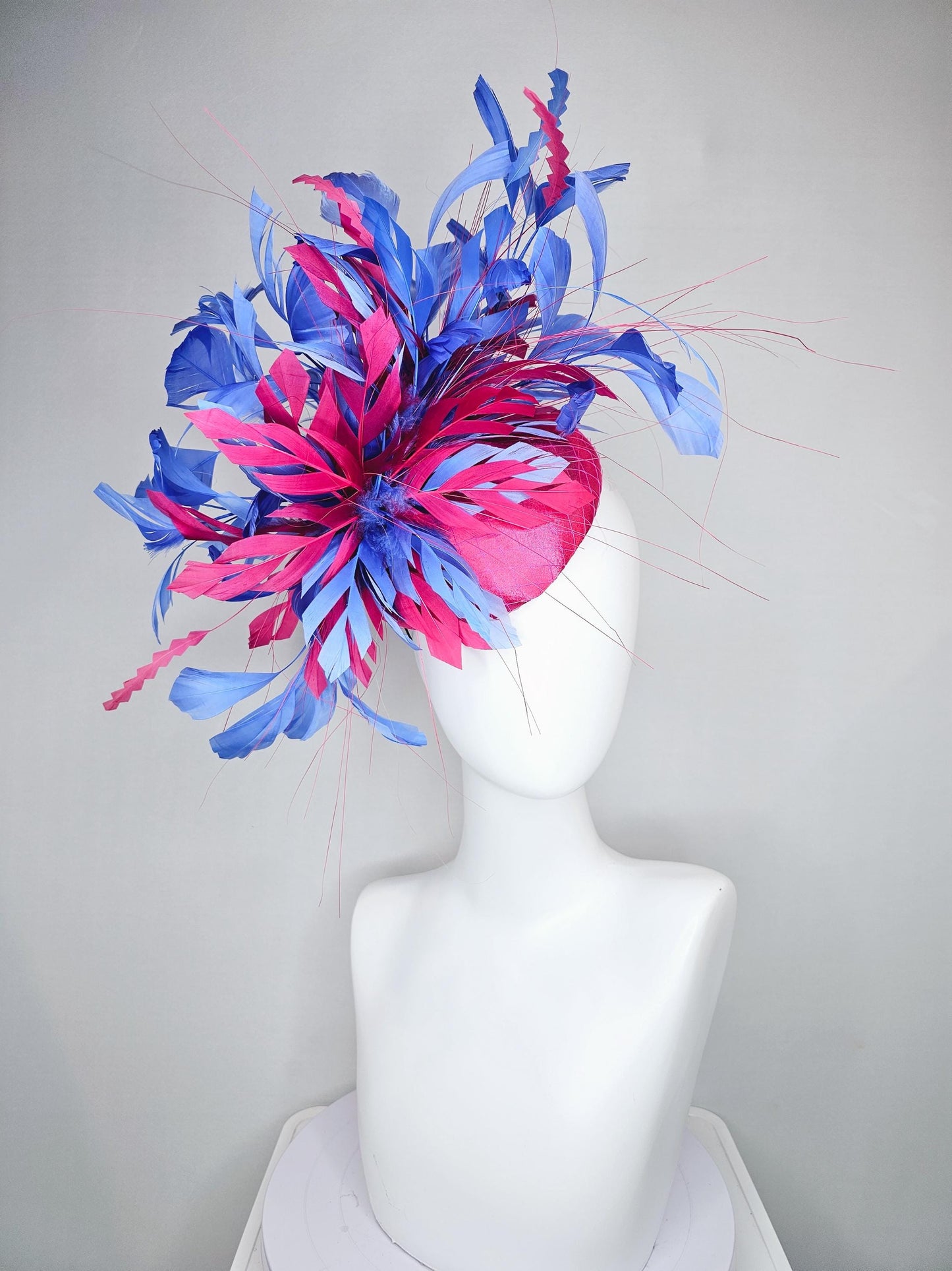 kentucky derby hat fascinator bright pink satin with netting with hot pink and cobalt blue branching feathers