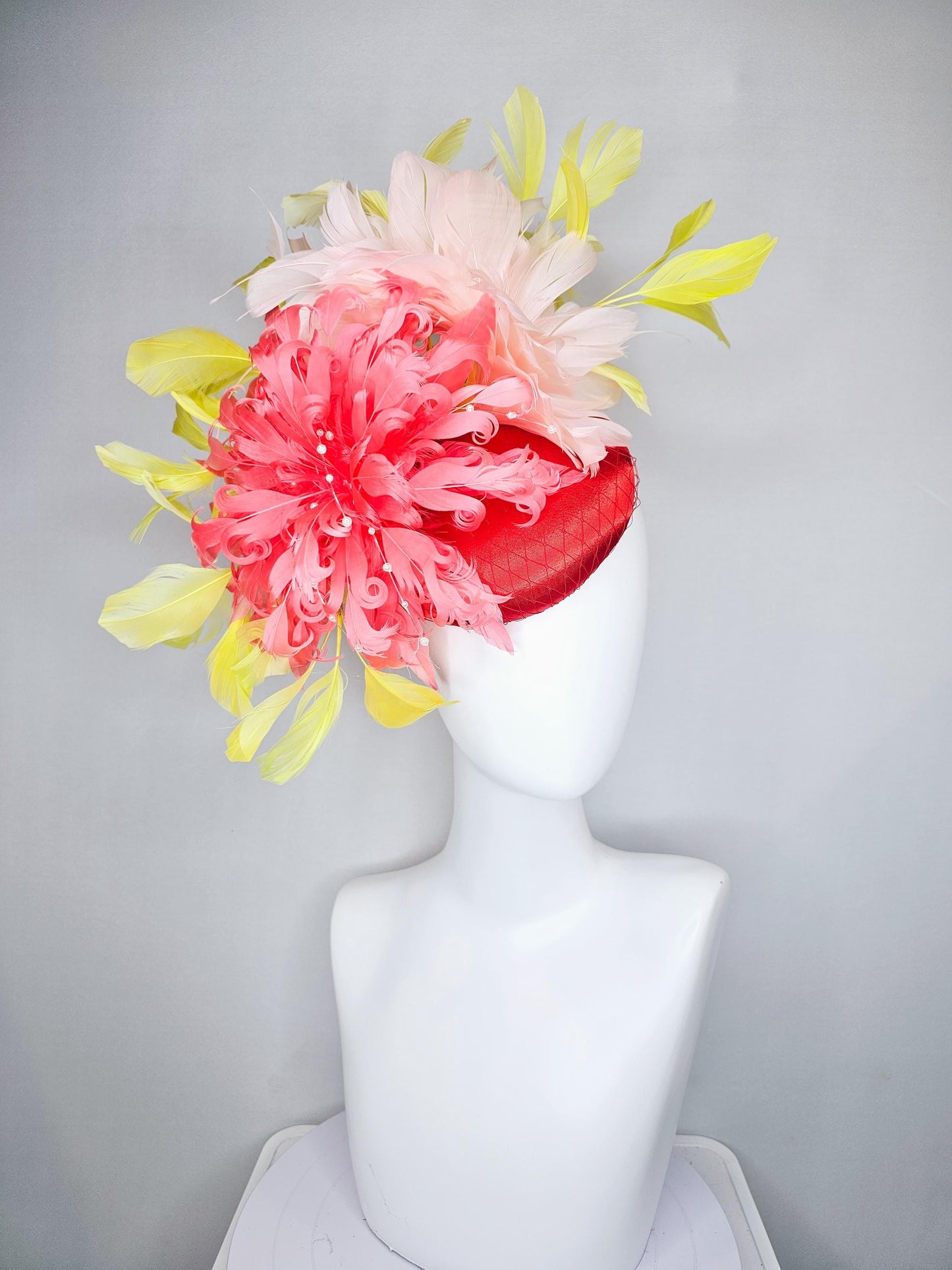 kentucky derby hat fascinator bright red satin with netting,large coral curly feather flower w/ pearl strings,yellow and light pink feathers