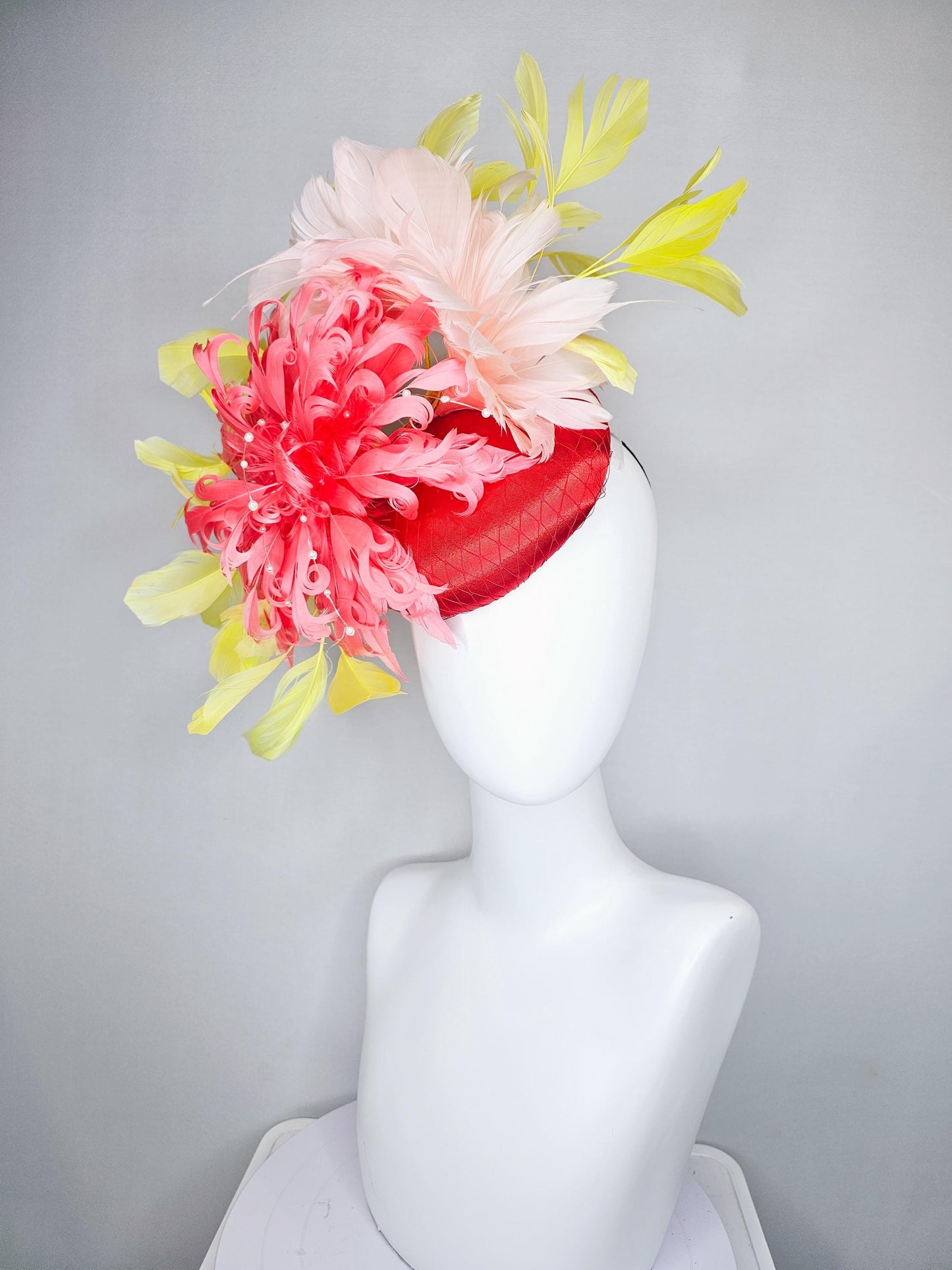 kentucky derby hat fascinator bright red satin with netting,large coral curly feather flower w/ pearl strings,yellow and light pink feathers