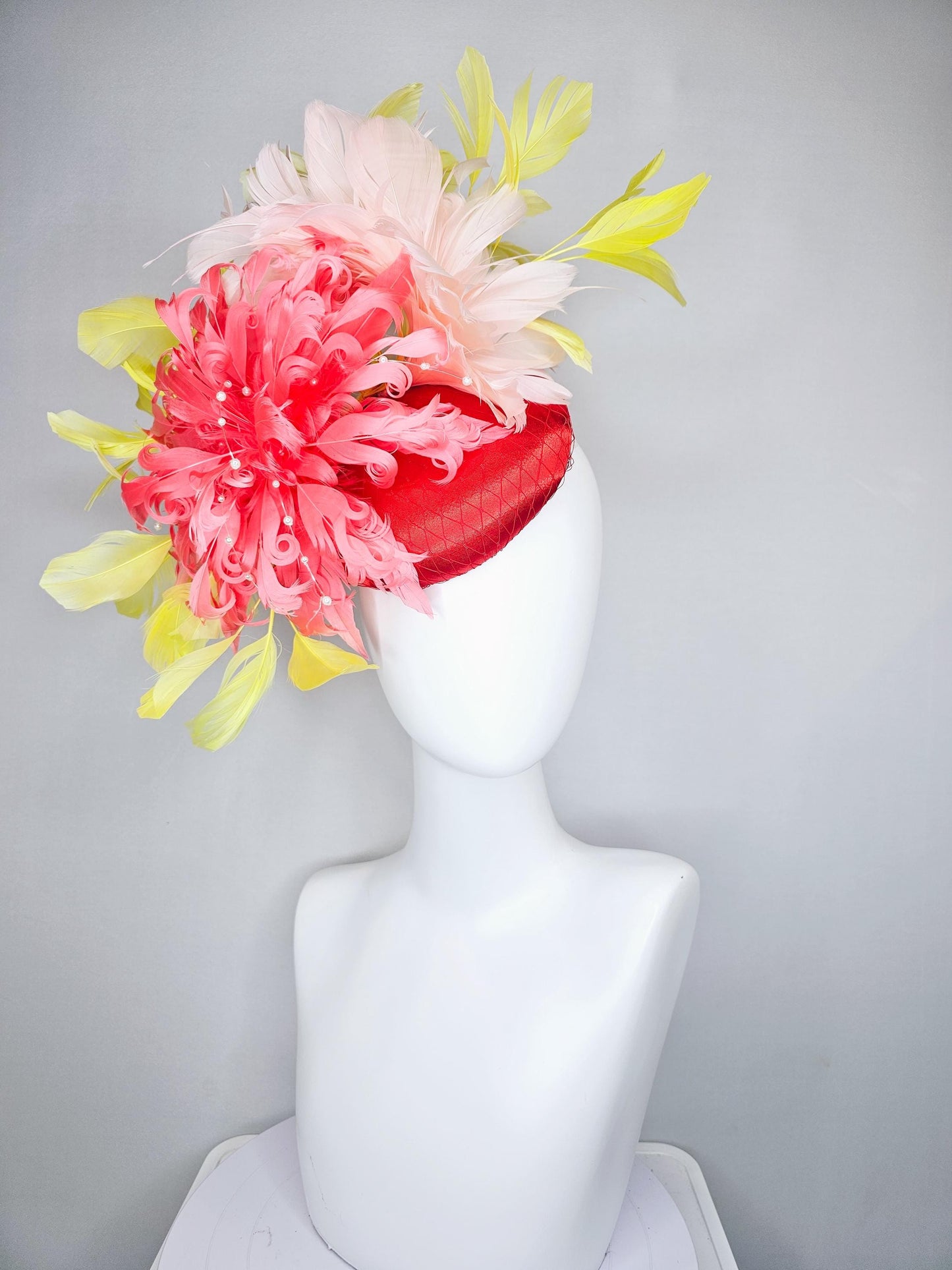 kentucky derby hat fascinator bright red satin with netting,large coral curly feather flower w/ pearl strings,yellow and light pink feathers