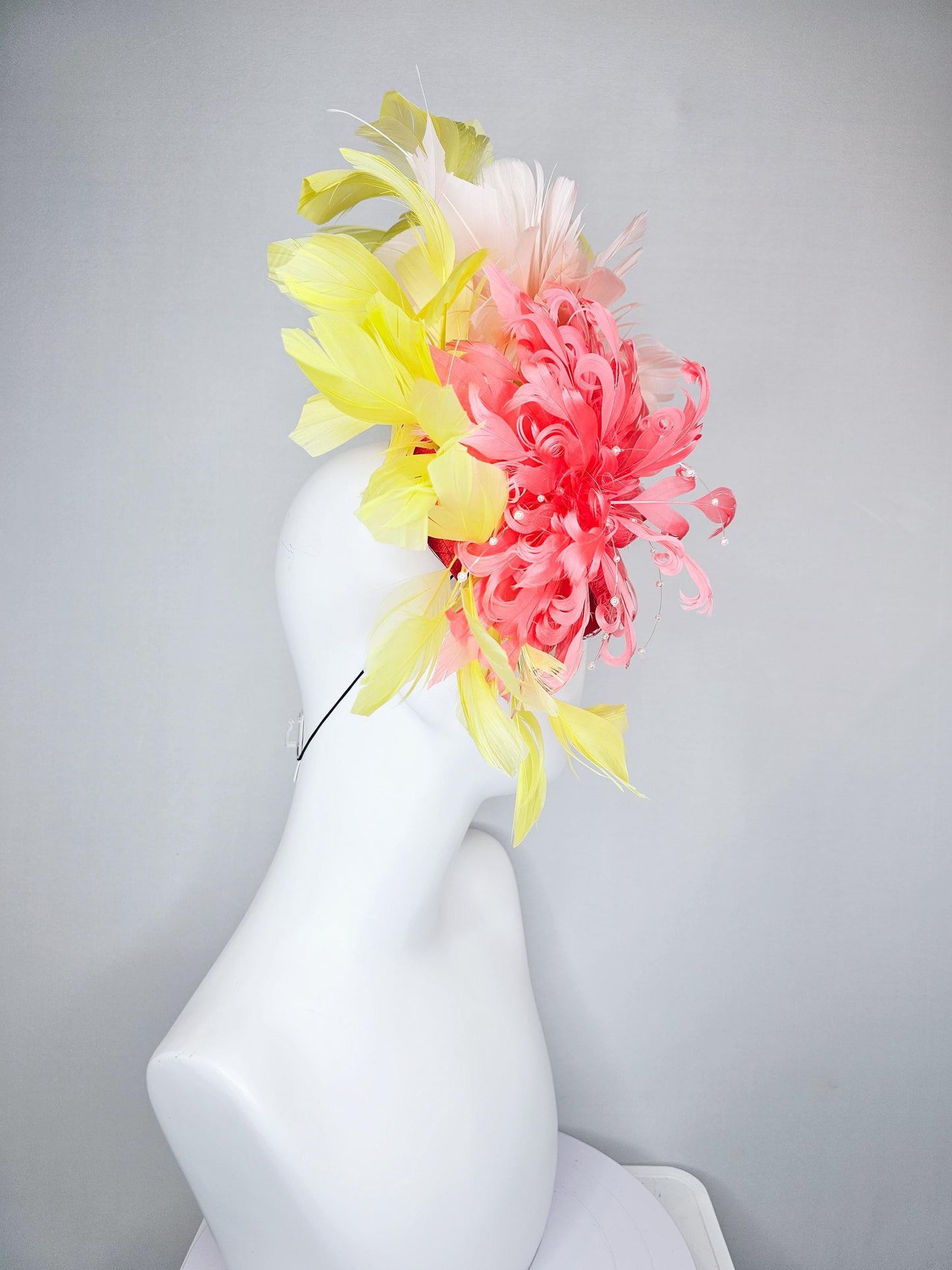 kentucky derby hat fascinator bright red satin with netting,large coral curly feather flower w/ pearl strings,yellow and light pink feathers