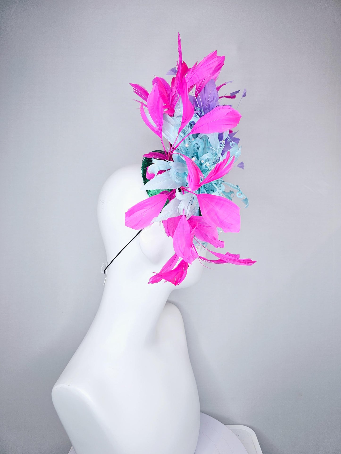 kentucky derby hat fascinator green satin with netting,aqua light blue curly feather flower w/ pearl strings and pink and purple feathers