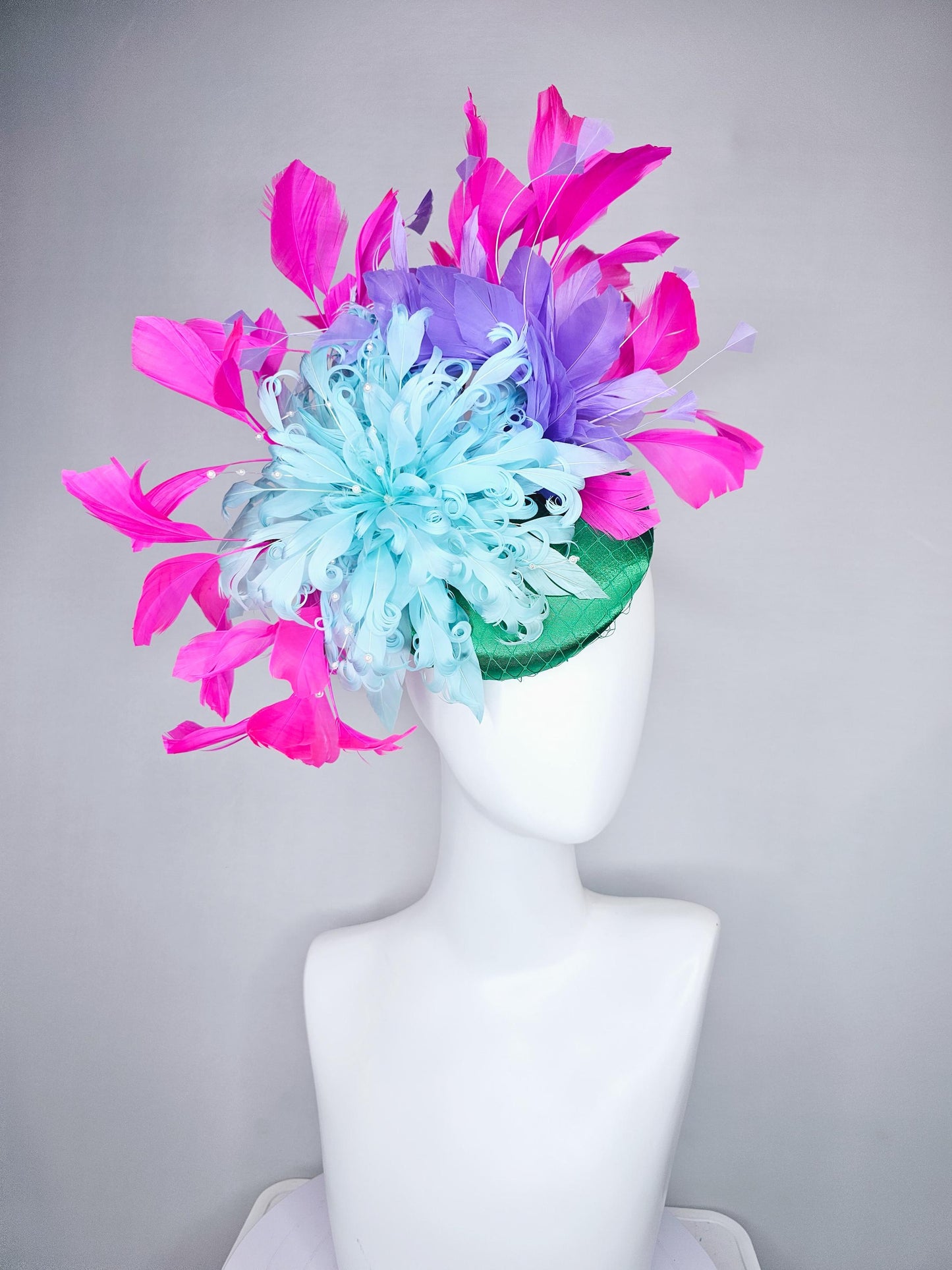 kentucky derby hat fascinator green satin with netting,aqua light blue curly feather flower w/ pearl strings and pink and purple feathers