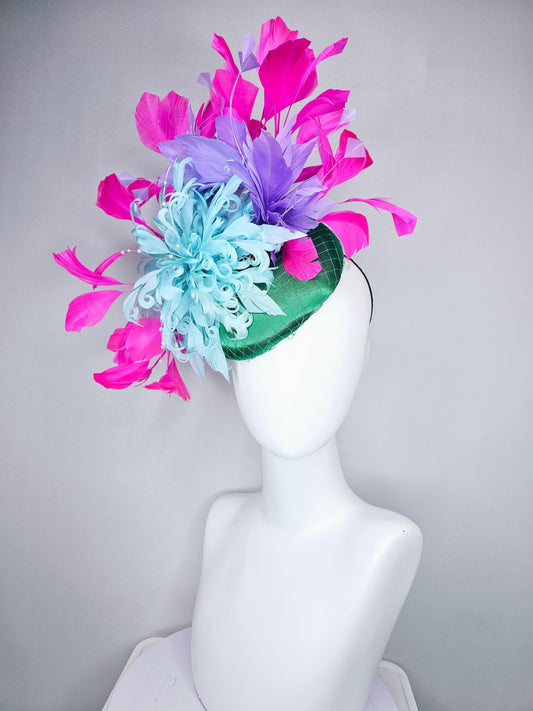 kentucky derby hat fascinator green satin with netting,aqua light blue curly feather flower w/ pearl strings and pink and purple feathers