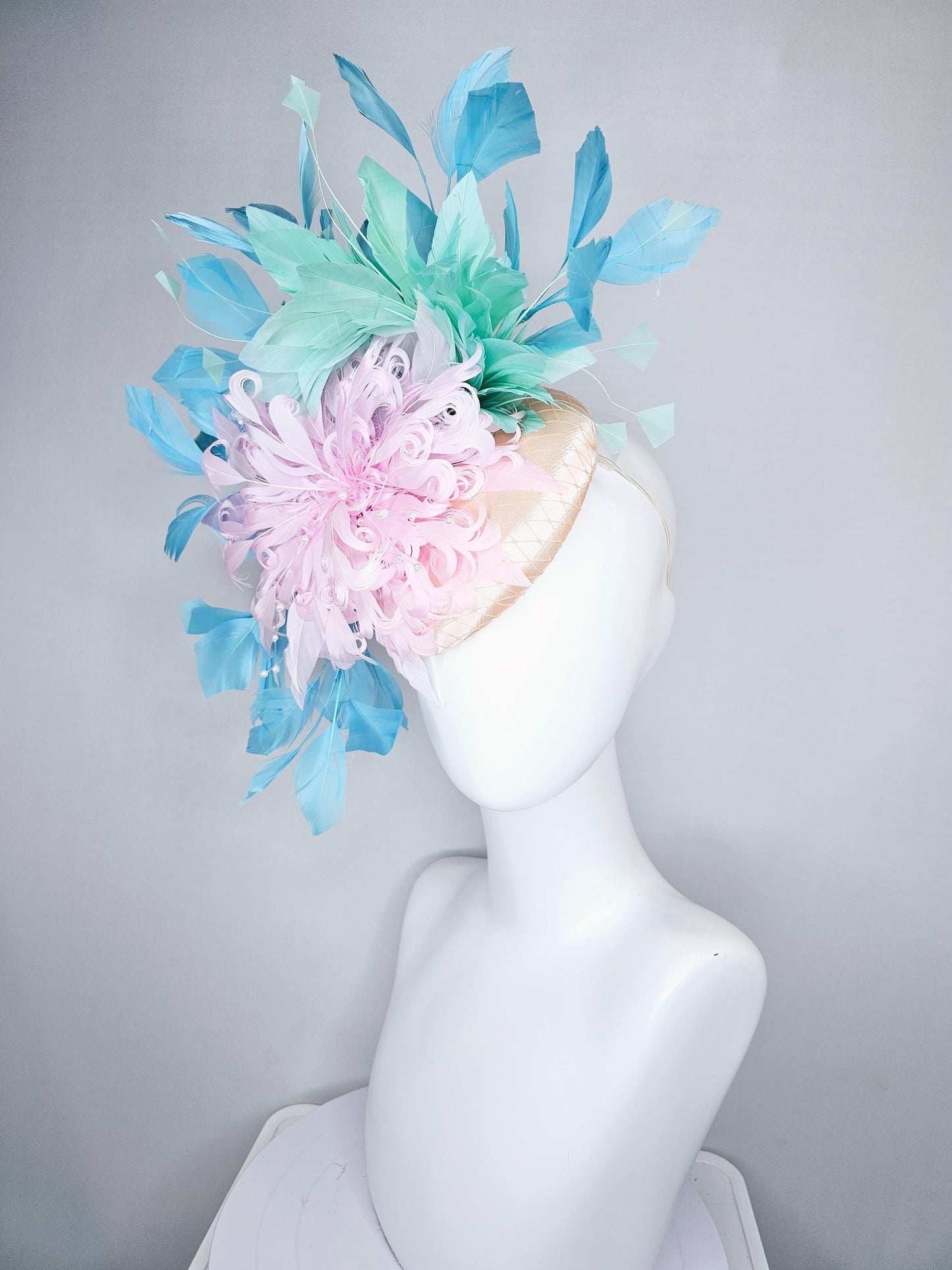 kentucky derby hat fascinator champagne satin with netting,light pink curly feather flower w/ pearl strings,light blue w/ mint green feather