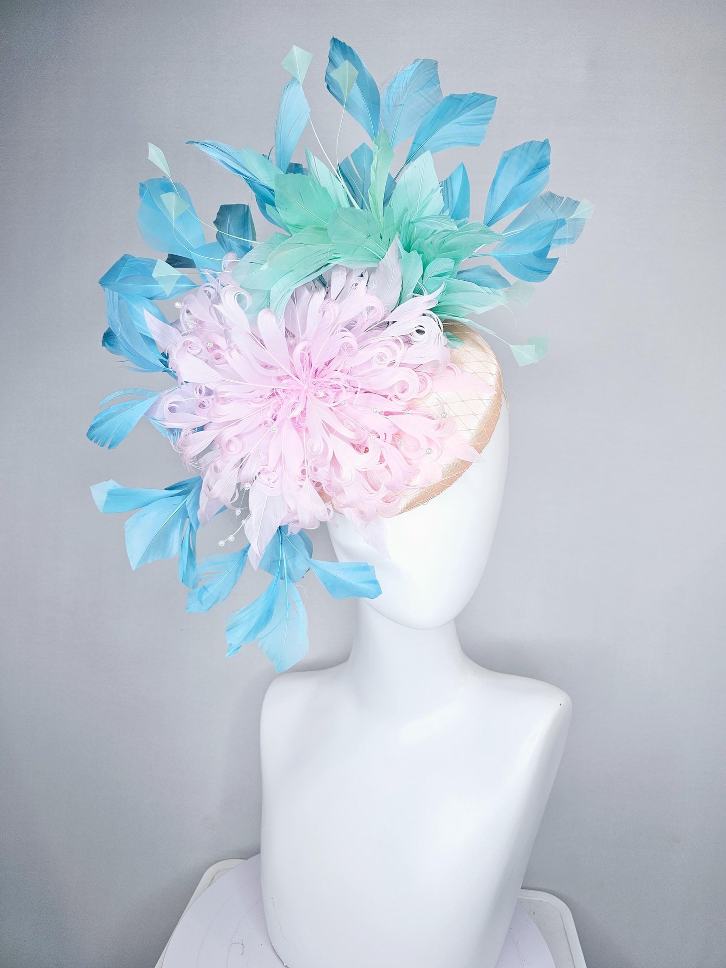 kentucky derby hat fascinator champagne satin with netting,light pink curly feather flower w/ pearl strings,light blue w/ mint green feather