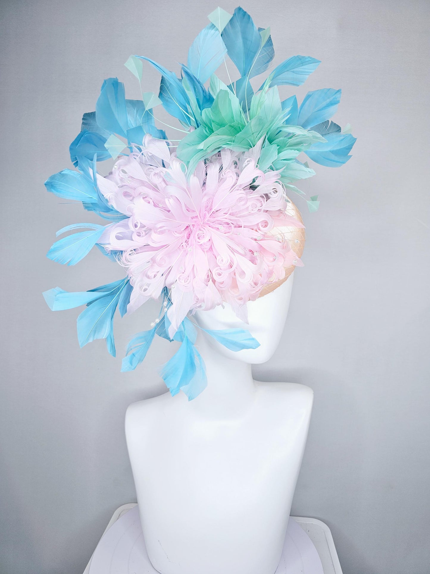 kentucky derby hat fascinator champagne satin with netting,light pink curly feather flower w/ pearl strings,light blue w/ mint green feather