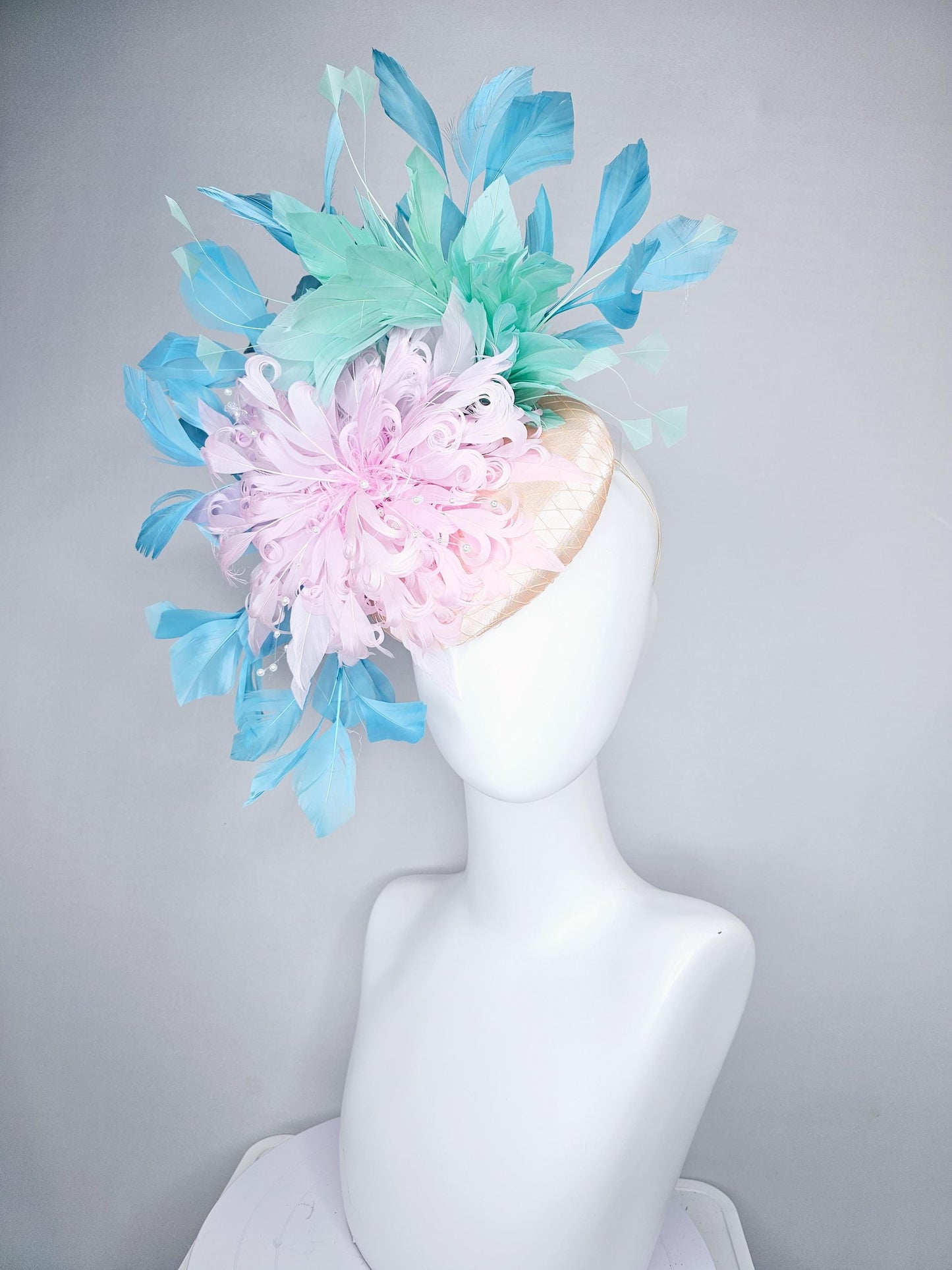 kentucky derby hat fascinator champagne satin with netting,light pink curly feather flower w/ pearl strings,light blue w/ mint green feather