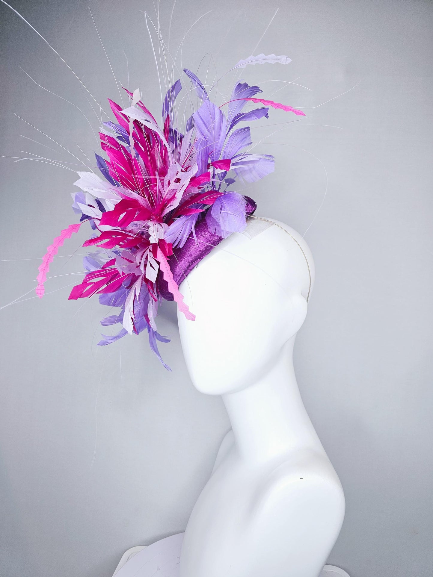 kentucky derby hat fascinator purple satin with netting with pink,lavender purple and light pink branching feathers