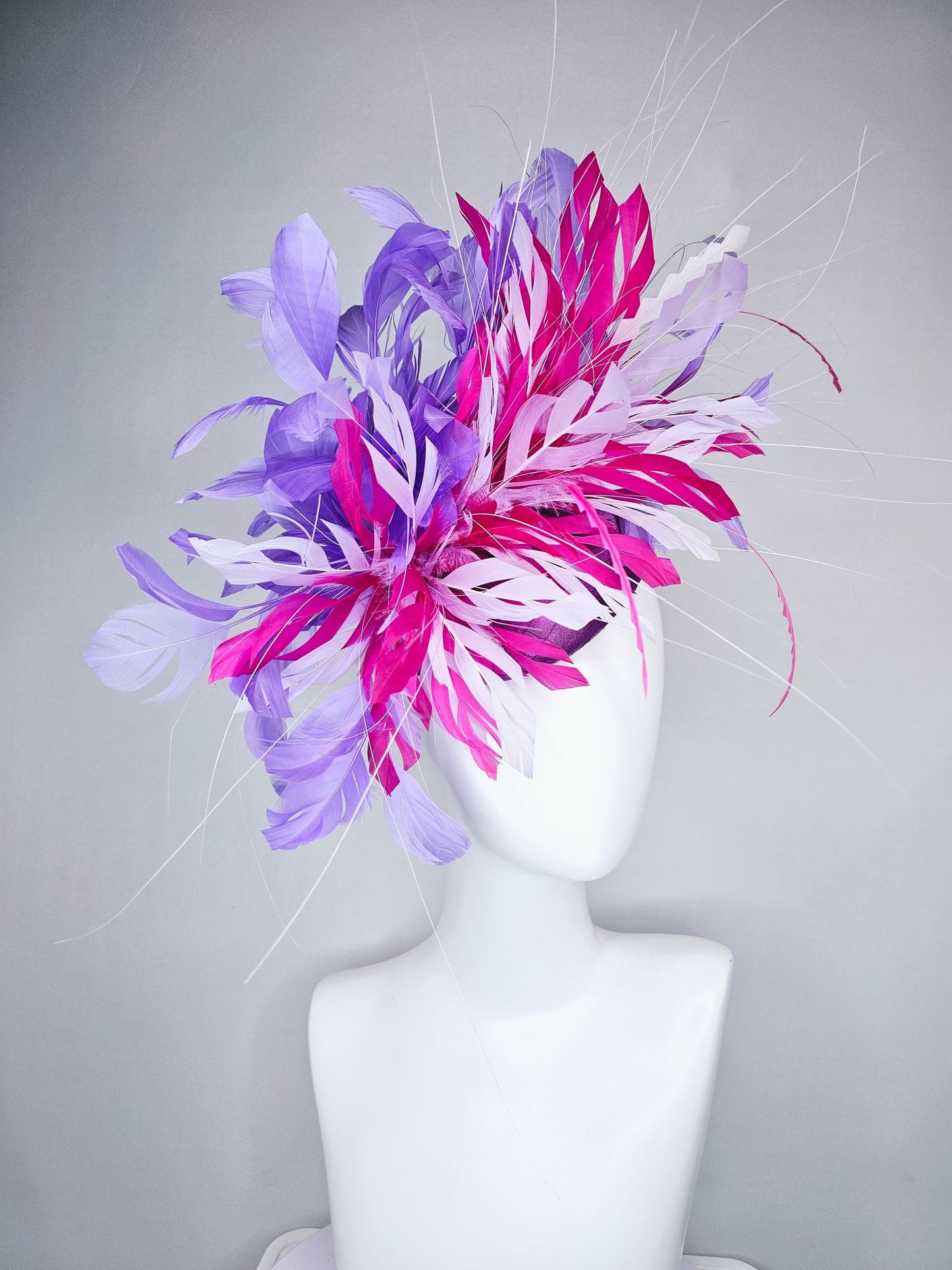 kentucky derby hat fascinator purple satin with netting with pink,lavender purple and light pink branching feathers