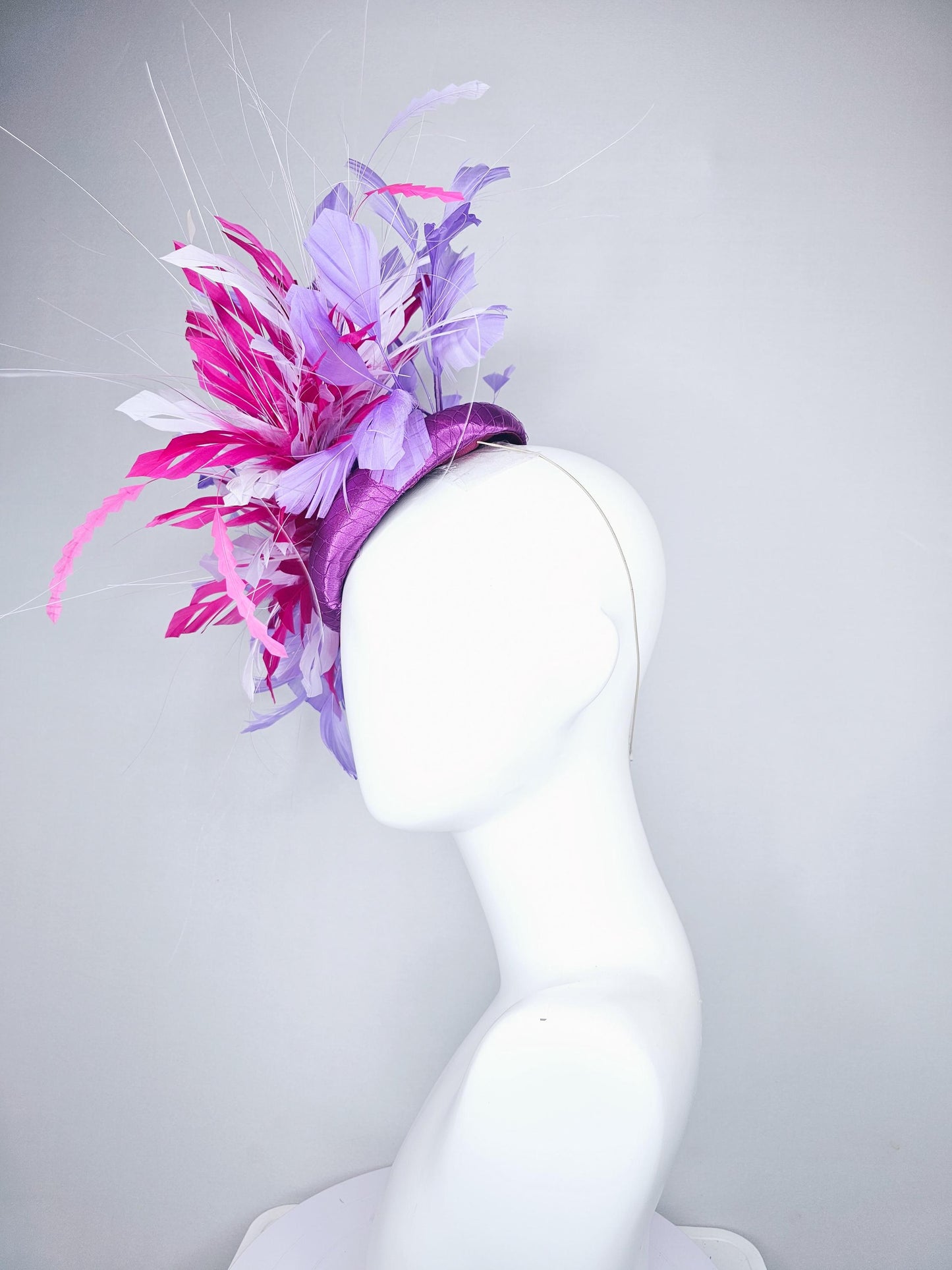 kentucky derby hat fascinator purple satin with netting with pink,lavender purple and light pink branching feathers