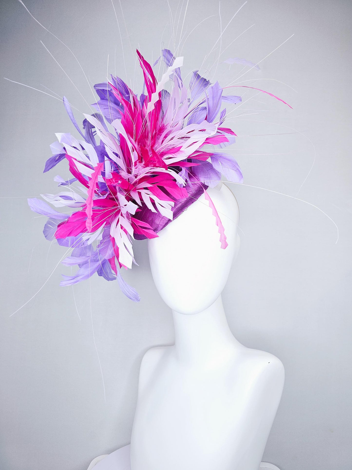 kentucky derby hat fascinator purple satin with netting with pink,lavender purple and light pink branching feathers