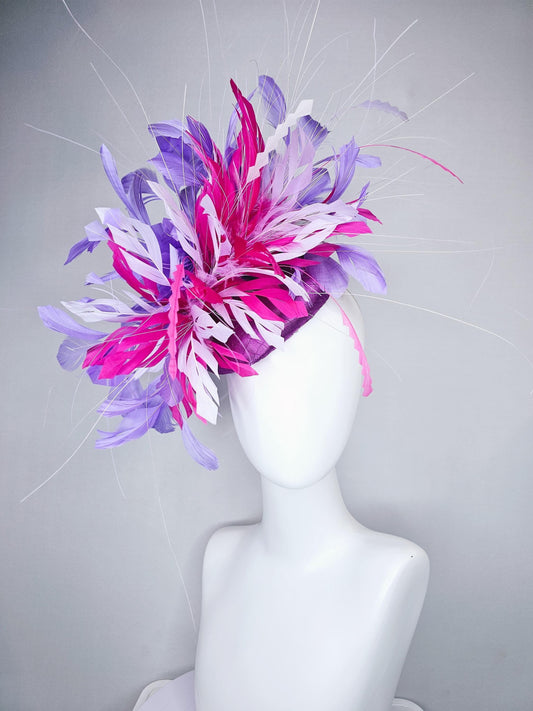 kentucky derby hat fascinator purple satin with netting with pink,lavender purple and light pink branching feathers