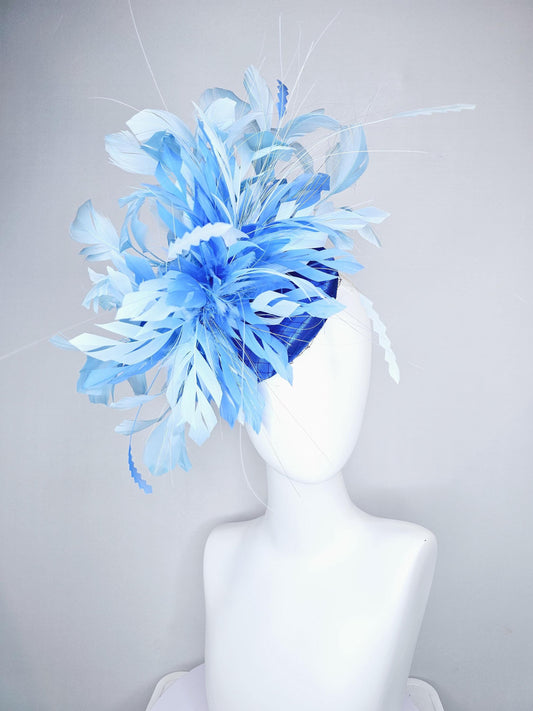 kentucky derby hat fascinator royal blue satin with netting with light blue and cobalt blue branching feathers