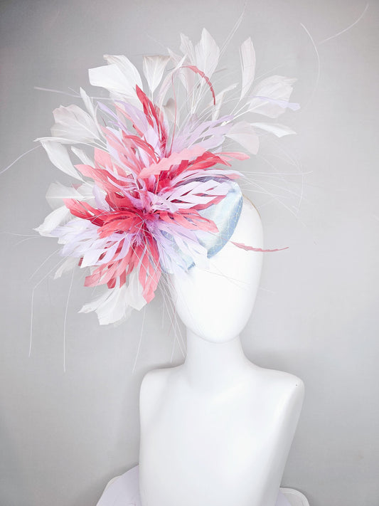 kentucky derby hat fascinator light baby blue satin with netting with blush pink,white,and light purple branching feathers