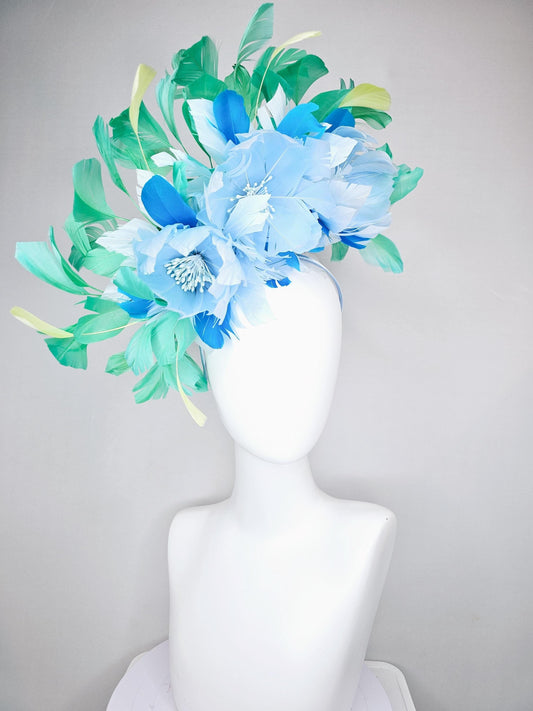 kentucky derby hat fascinator light baby blue fluffy feather flowers with mint green,yellow and cobalt blue branching feathers