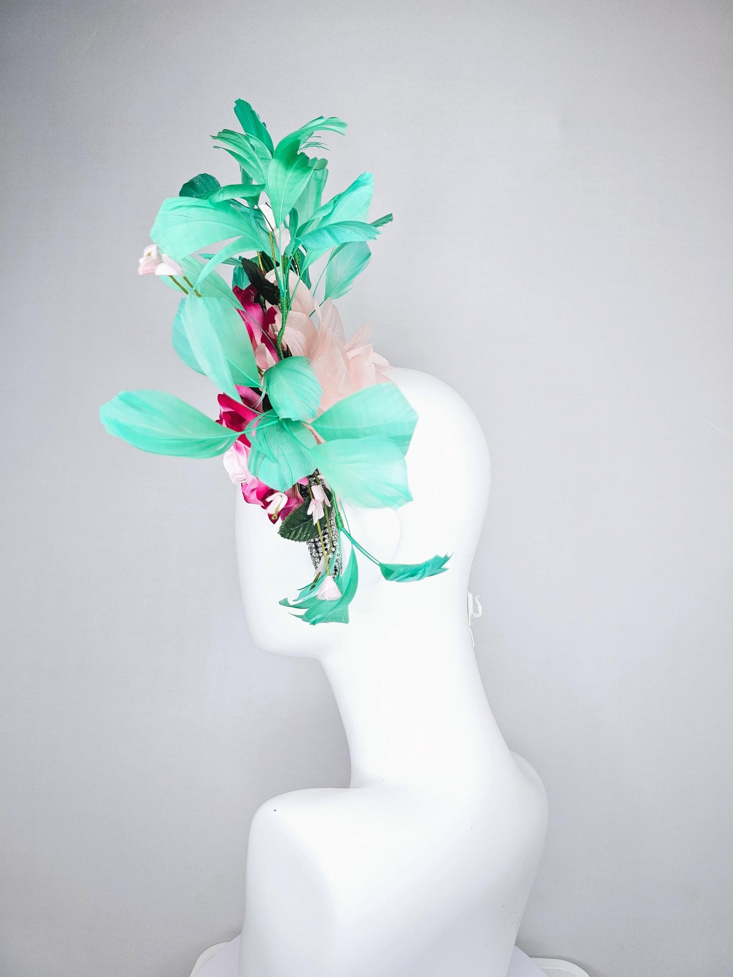 kentucky derby hat fascinator crystal rhinestone headband with ombre pink cream satin roses,floral stems and green branching feathers