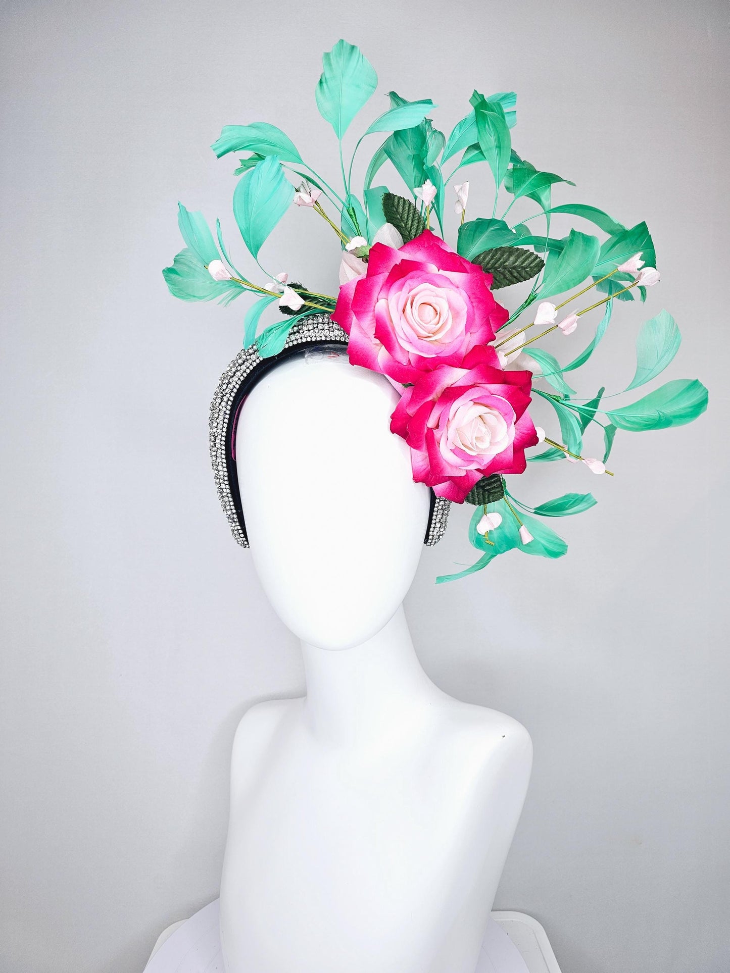 kentucky derby hat fascinator crystal rhinestone headband with ombre pink cream satin roses,floral stems and green branching feathers