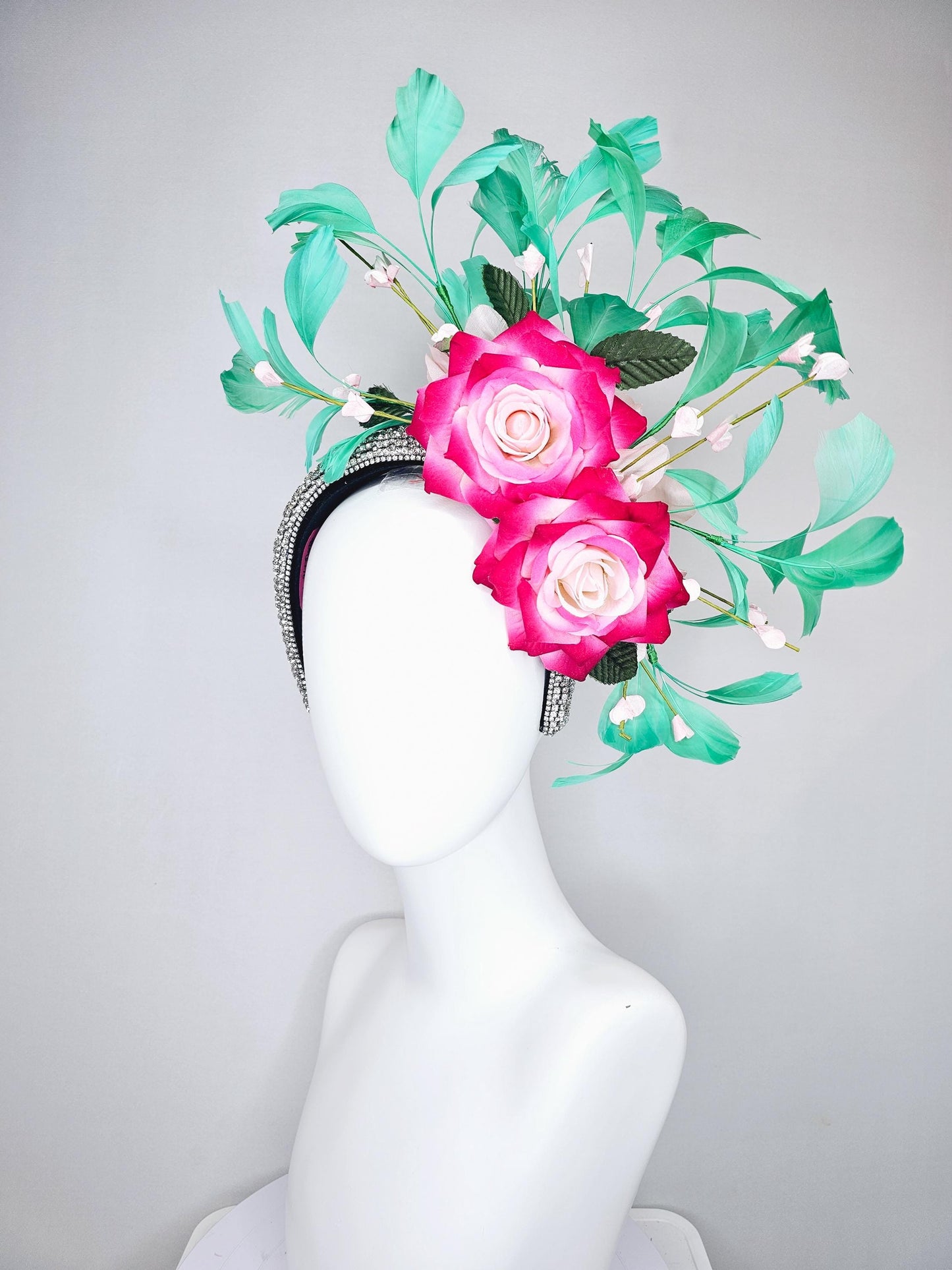 kentucky derby hat fascinator crystal rhinestone headband with ombre pink cream satin roses,floral stems and green branching feathers