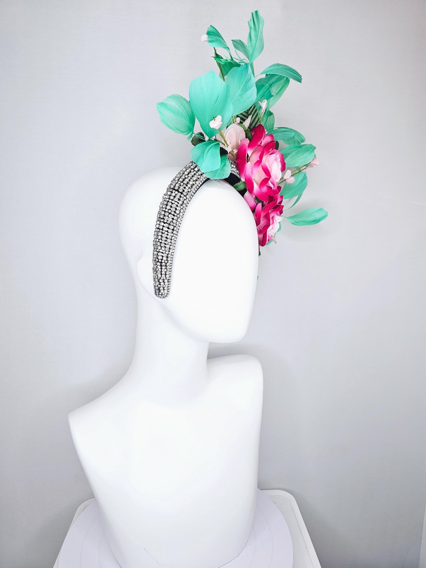 kentucky derby hat fascinator crystal rhinestone headband with ombre pink cream satin roses,floral stems and green branching feathers