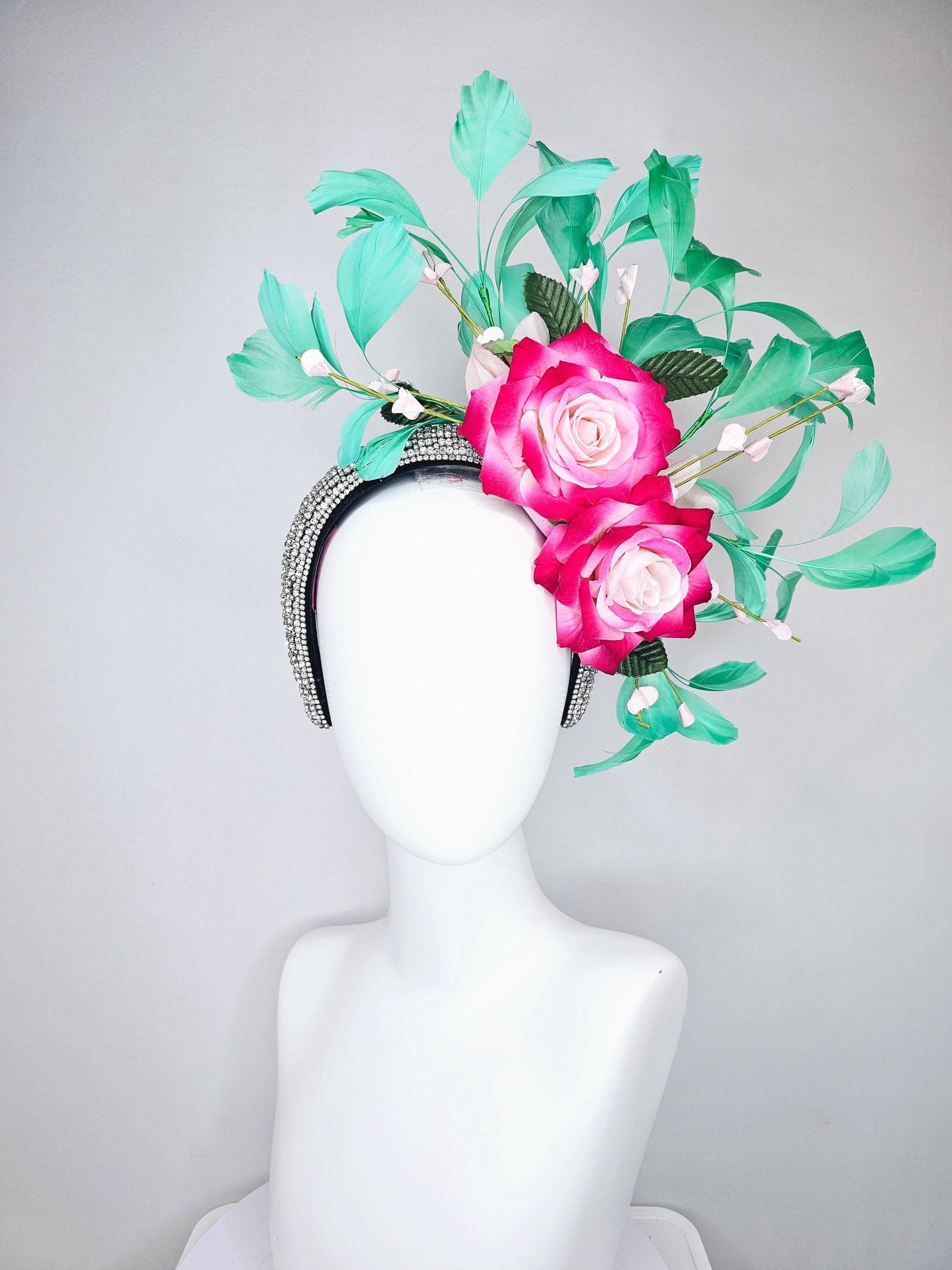 kentucky derby hat fascinator crystal rhinestone headband with ombre pink cream satin roses,floral stems and green branching feathers