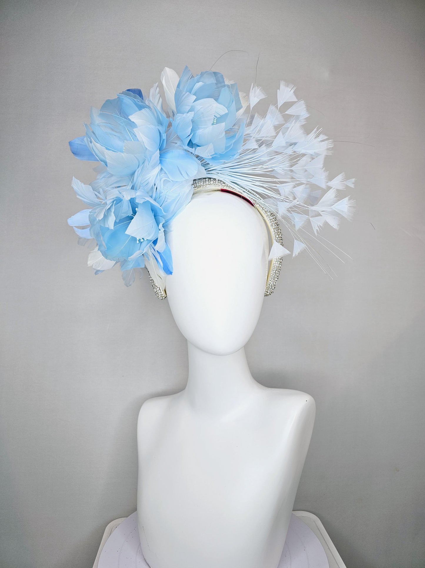 kentucky derby hat fascinator rhinestone crystal headband with light  blue feather flowers light blue feathers