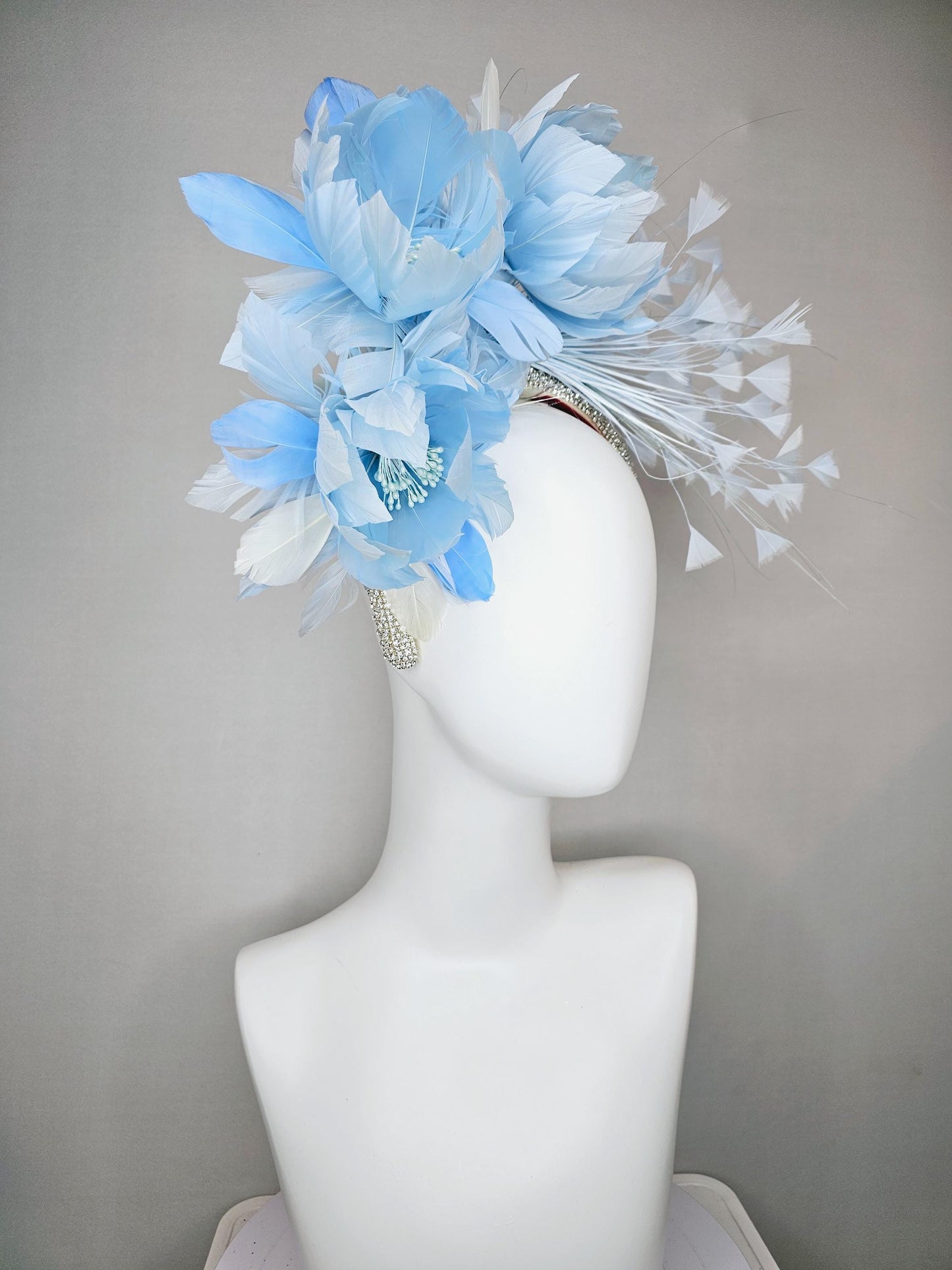 kentucky derby hat fascinator rhinestone crystal headband with light  blue feather flowers light blue feathers