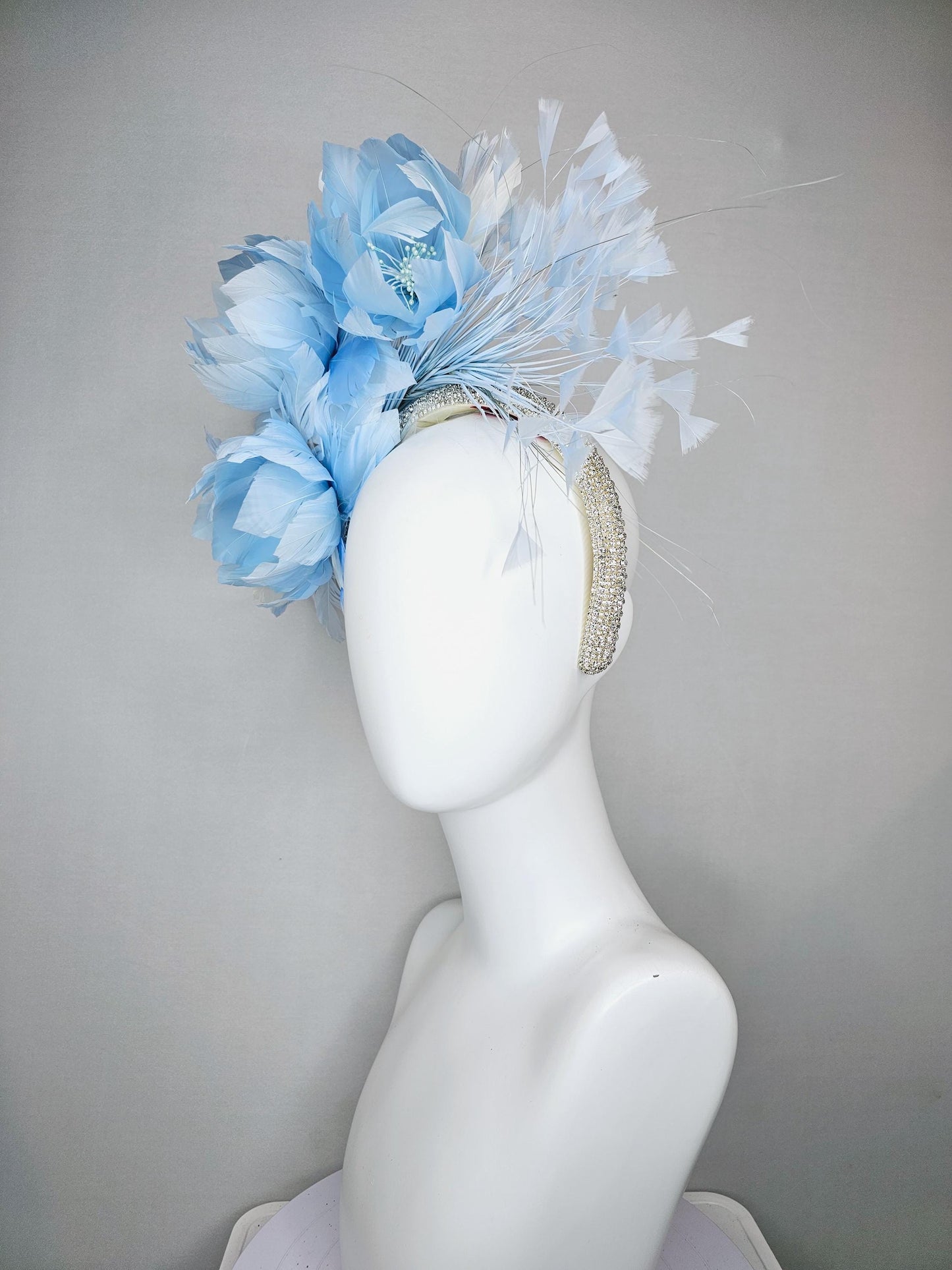 kentucky derby hat fascinator rhinestone crystal headband with light  blue feather flowers light blue feathers