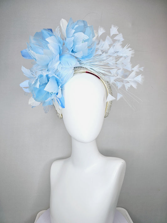 kentucky derby hat fascinator rhinestone crystal headband with light  blue feather flowers light blue feathers