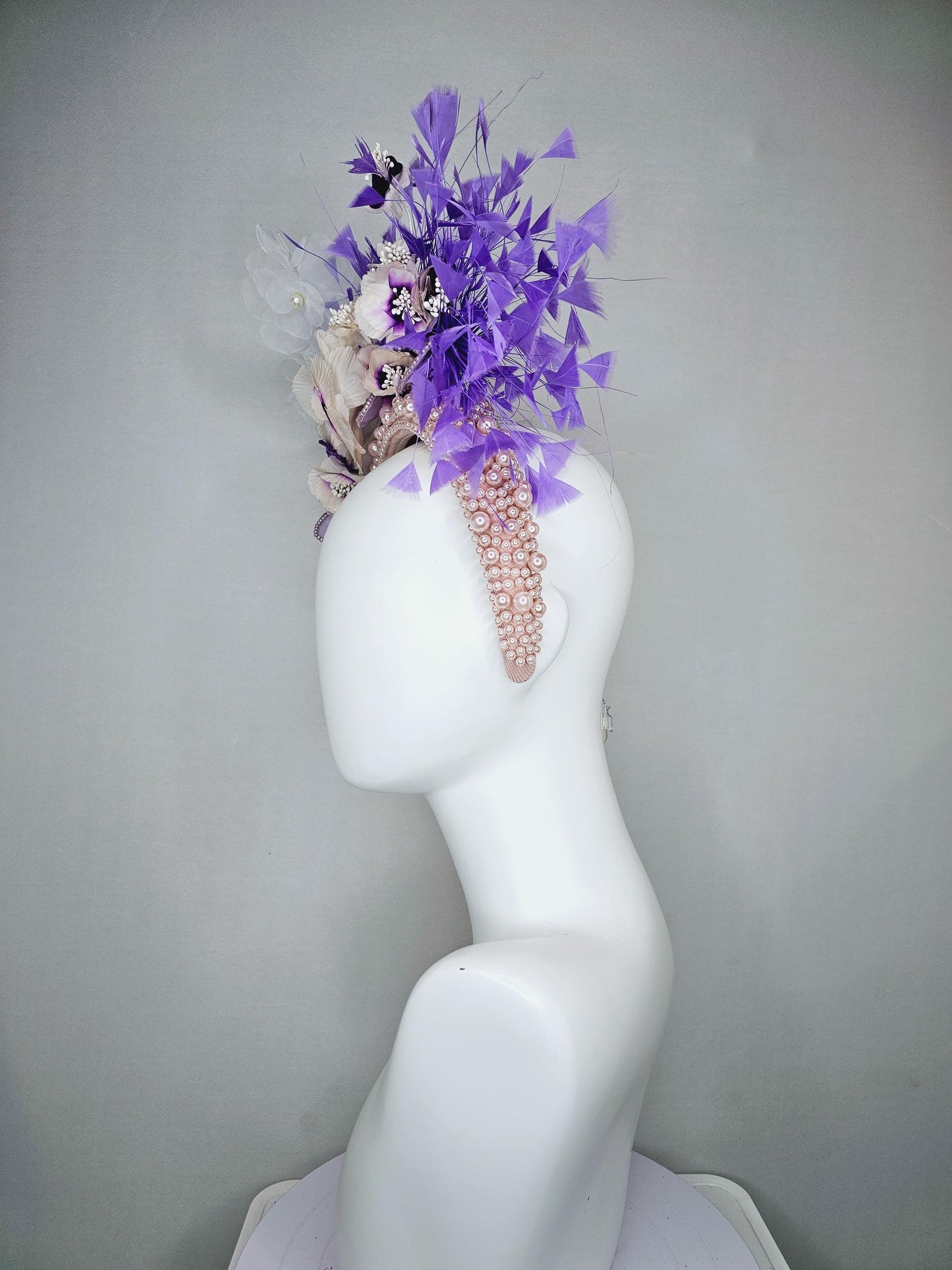 kentucky derby hat fascinator pink pearl headband with white purple organza silk flowers and purple leaves with lavender purple feathers