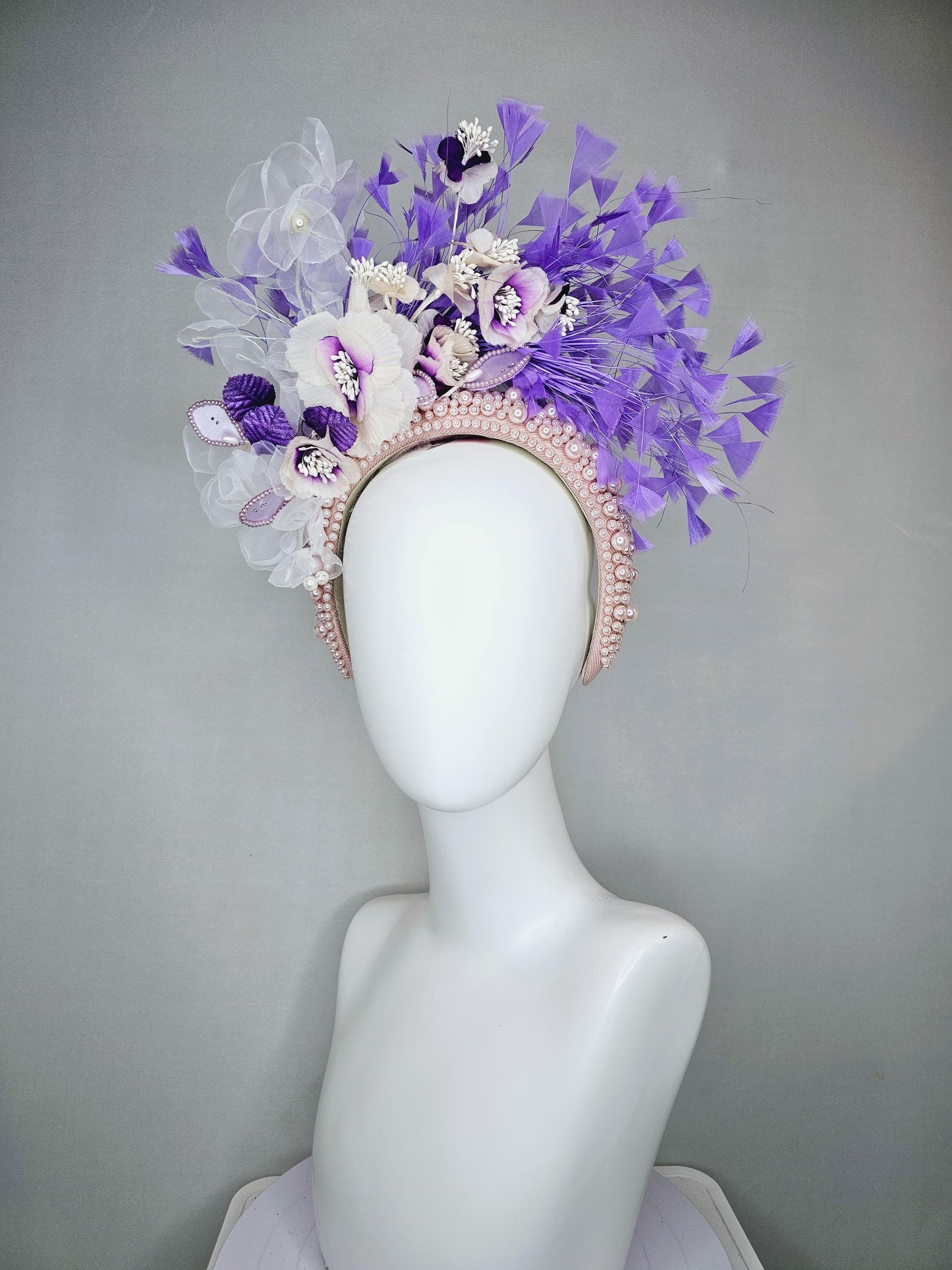 kentucky derby hat fascinator pink pearl headband with white purple organza silk flowers and purple leaves with lavender purple feathers