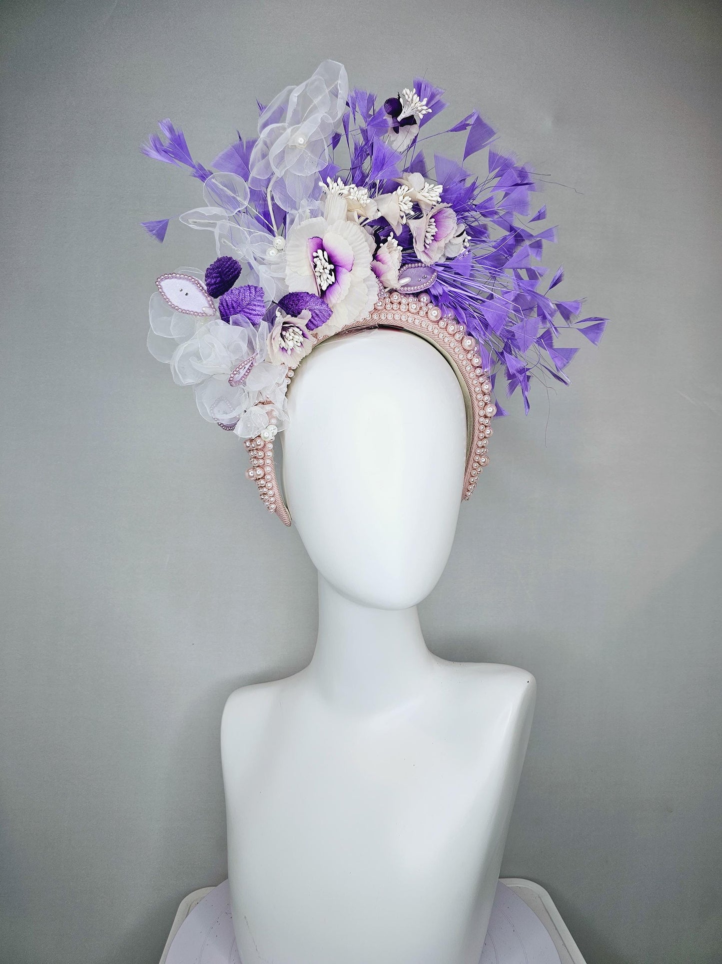 kentucky derby hat fascinator pink pearl headband with white purple organza silk flowers and purple leaves with lavender purple feathers