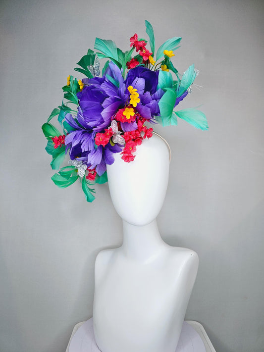 kentucky derby hat fascinator headband,rainbow colorful yellow red flowers, large purple feather flowers,green feathers,glitter butterflies