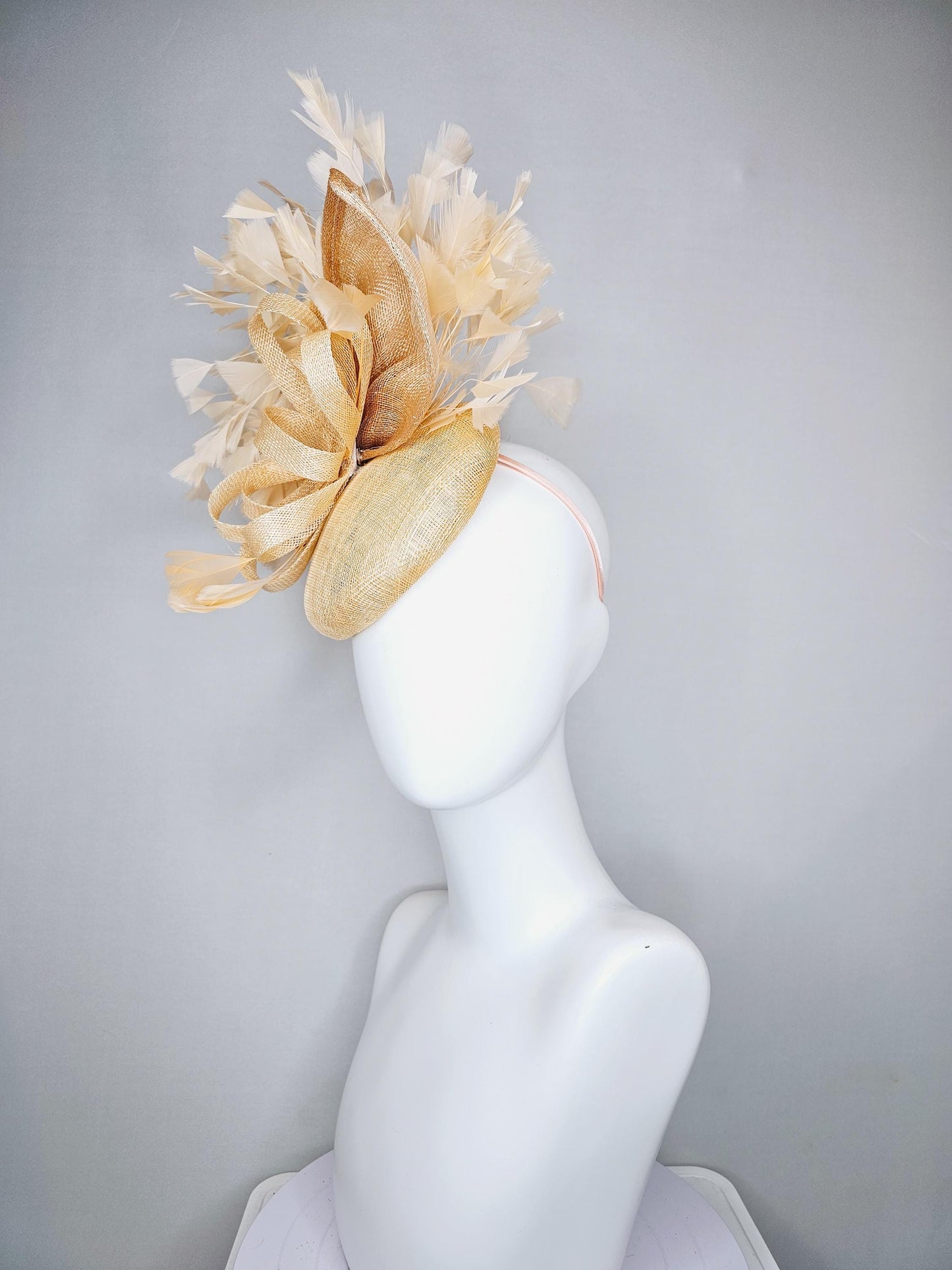 kentucky derby hat fascinator gold tan beige sinamay with taupe tan sinamay curls and gold taupe branching feathers