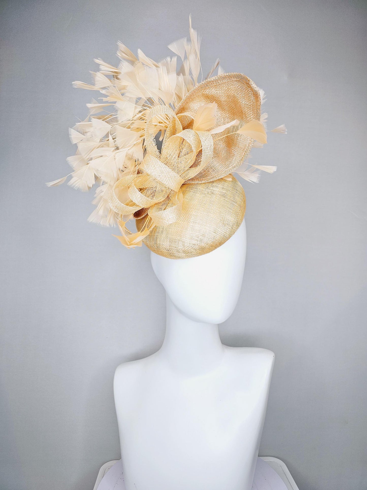 kentucky derby hat fascinator gold tan beige sinamay with taupe tan sinamay curls and gold taupe branching feathers