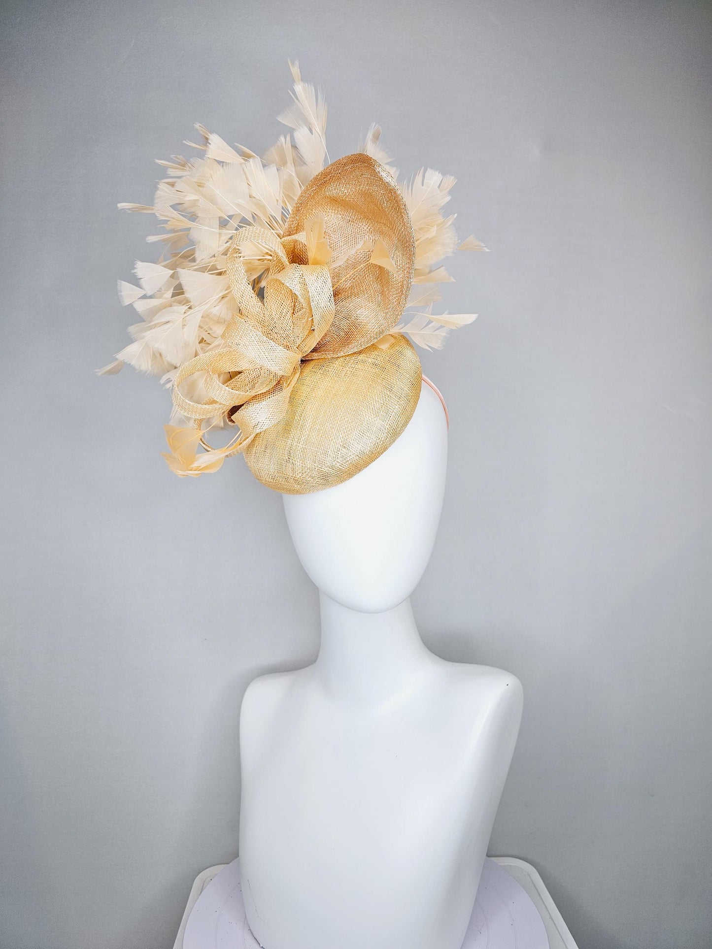 kentucky derby hat fascinator gold tan beige sinamay with taupe tan sinamay curls and gold taupe branching feathers