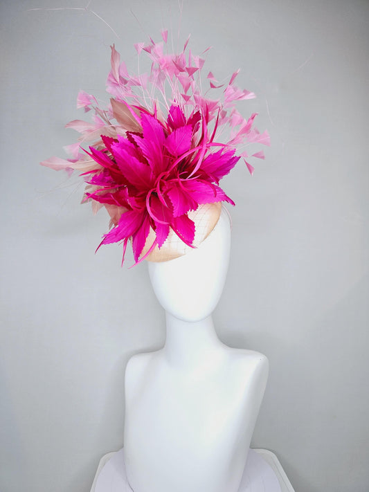 kentucky derby hat fascinator light pink champagne satin with large hot pink fuchsia feathers, light pink and dusty rose branching feathers