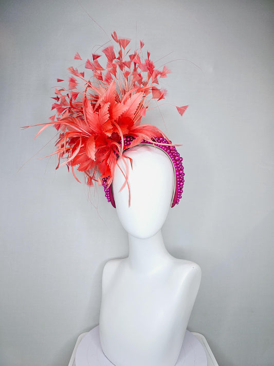 kentucky derby hat fascinator peach light coral orange feather flowers with bright pink fuchsia pearl headband