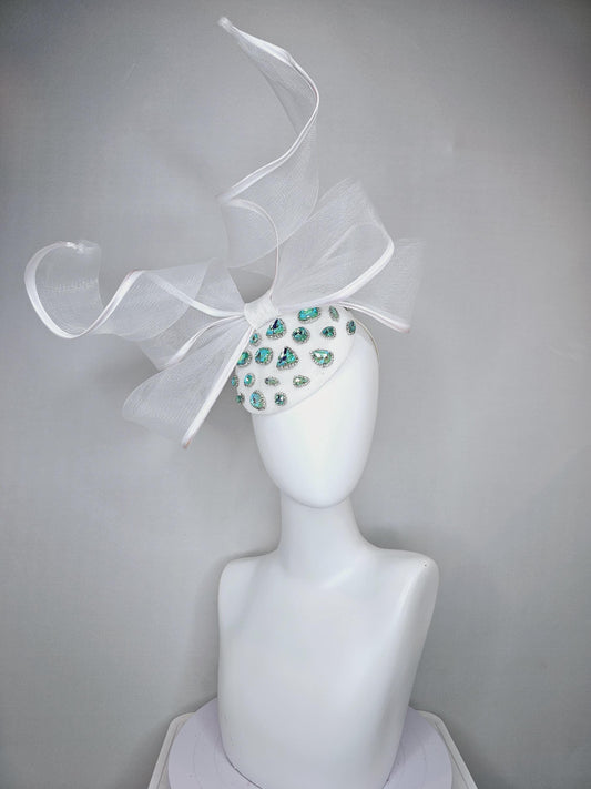 kentucky derby hat fascinator ivory white fabric base w/ mesh and wired ribbon large bendable bow decor,turquoise blue green crystal jewels