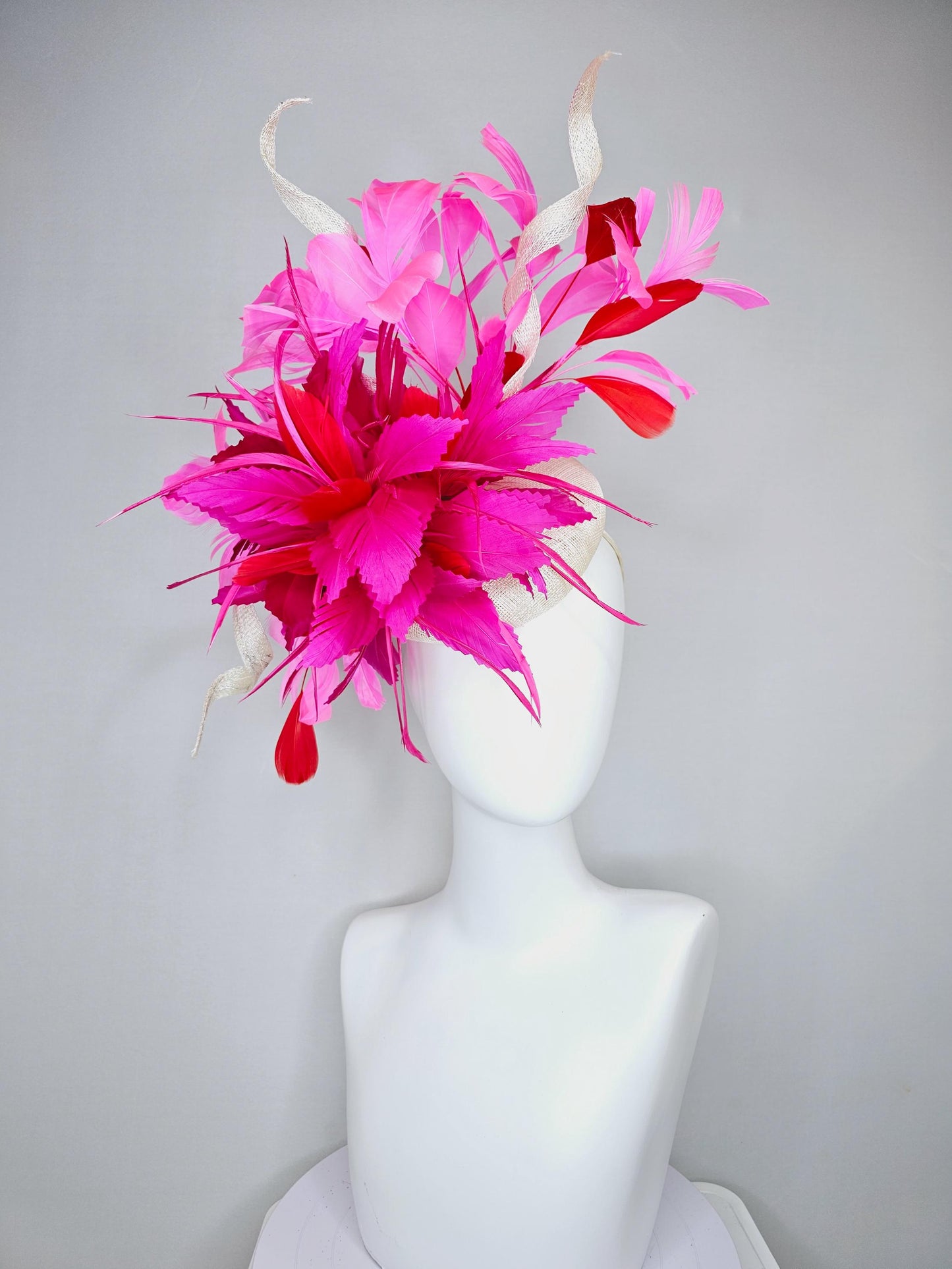 kentucky derby hat fascinator ivory white sinamay with red and hot pink fuchsia feather flowers and sinamay curls