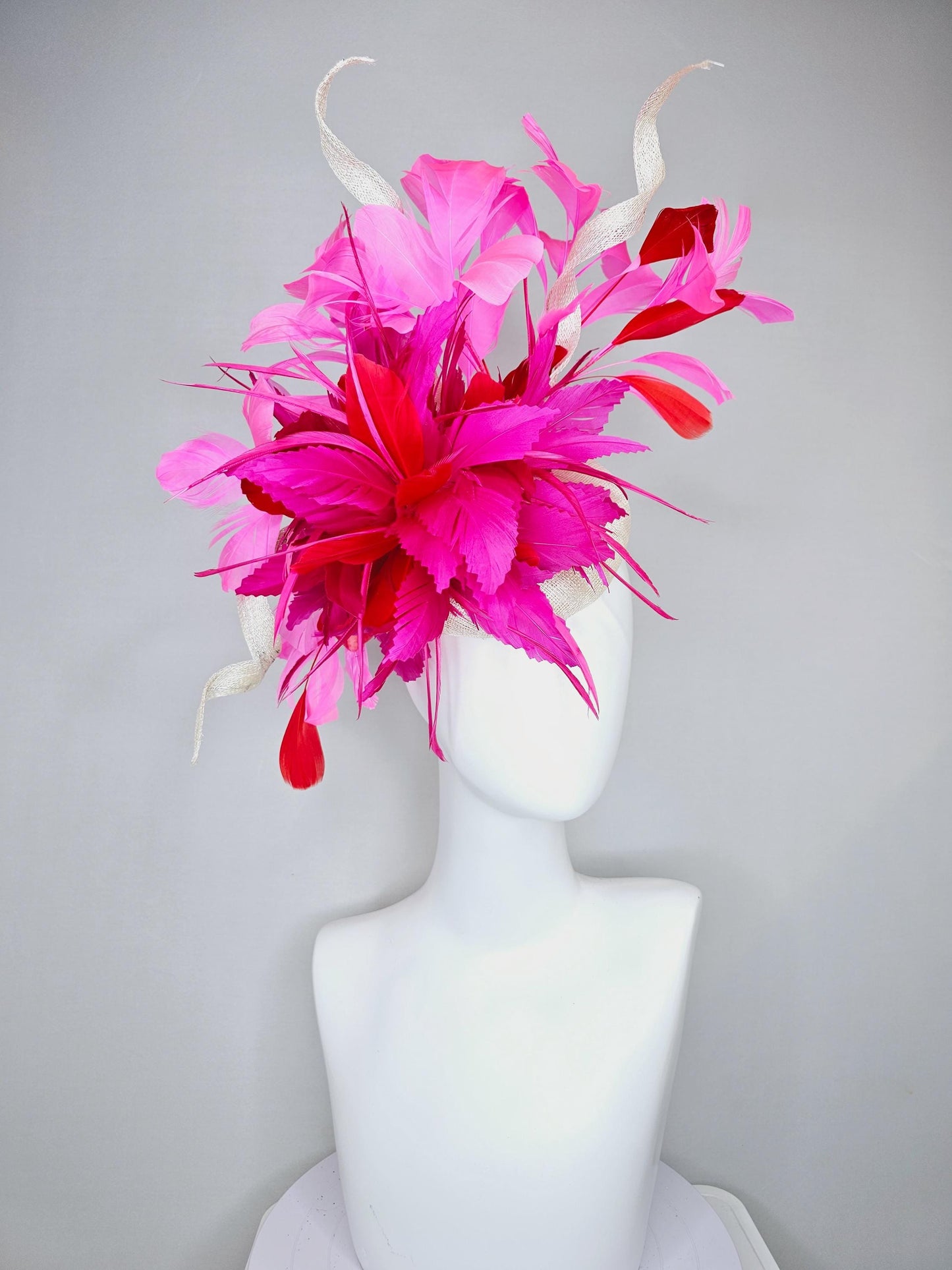 kentucky derby hat fascinator ivory white sinamay with red and hot pink fuchsia feather flowers and sinamay curls