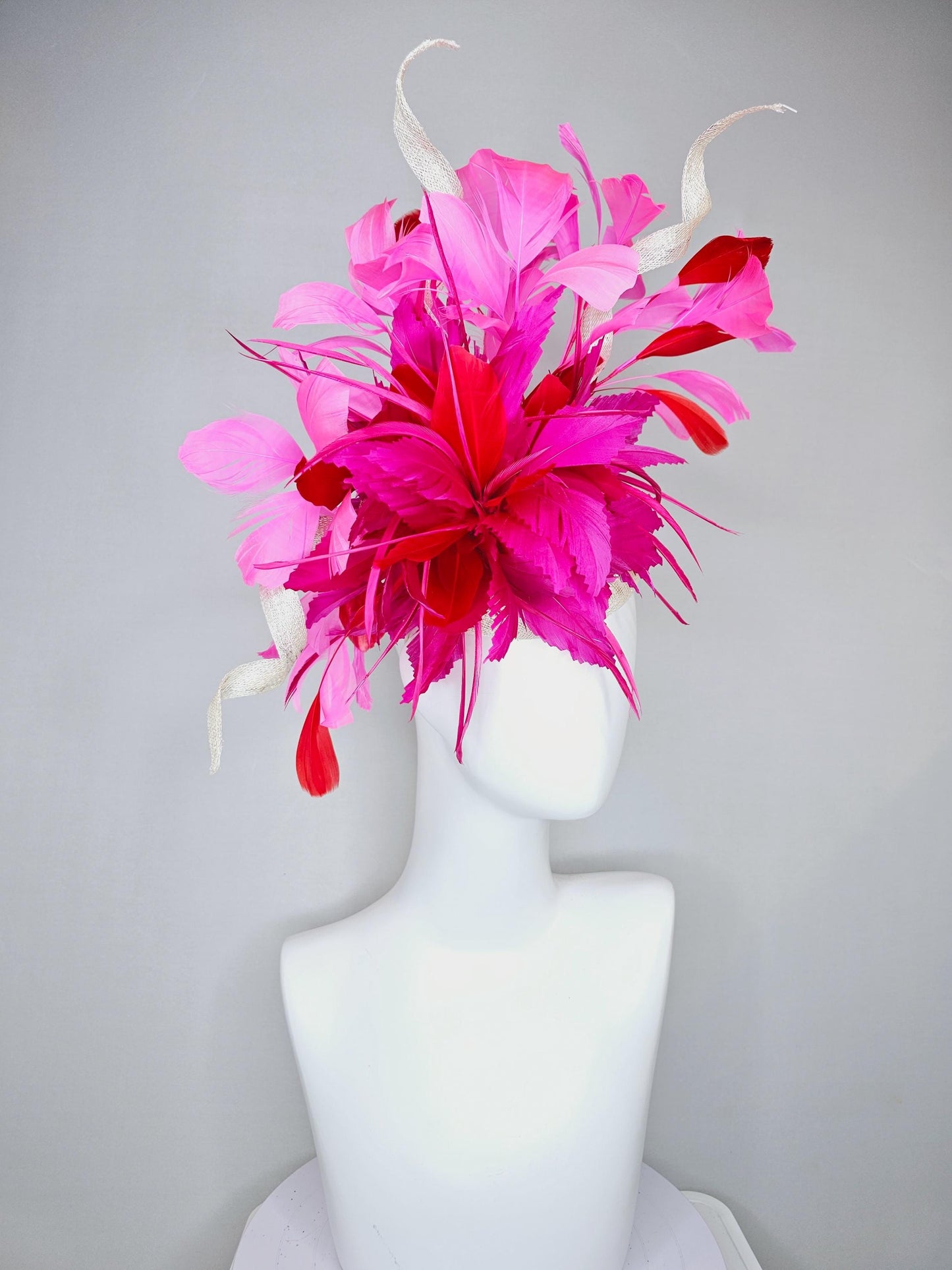 kentucky derby hat fascinator ivory white sinamay with red and hot pink fuchsia feather flowers and sinamay curls