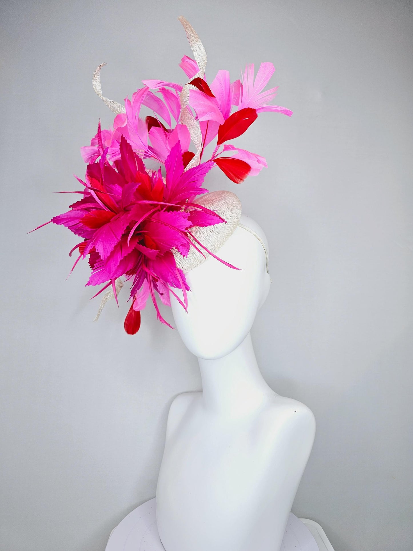 kentucky derby hat fascinator ivory white sinamay with red and hot pink fuchsia feather flowers and sinamay curls