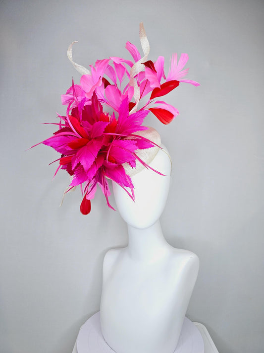 kentucky derby hat fascinator ivory white sinamay with red and hot pink fuchsia feather flowers and sinamay curls